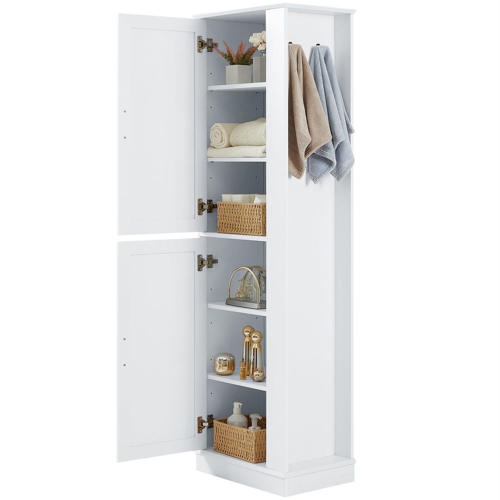 Tall Freestanding Bathroom Storage Cabinet With Adjustable Shelves And Side Hooks