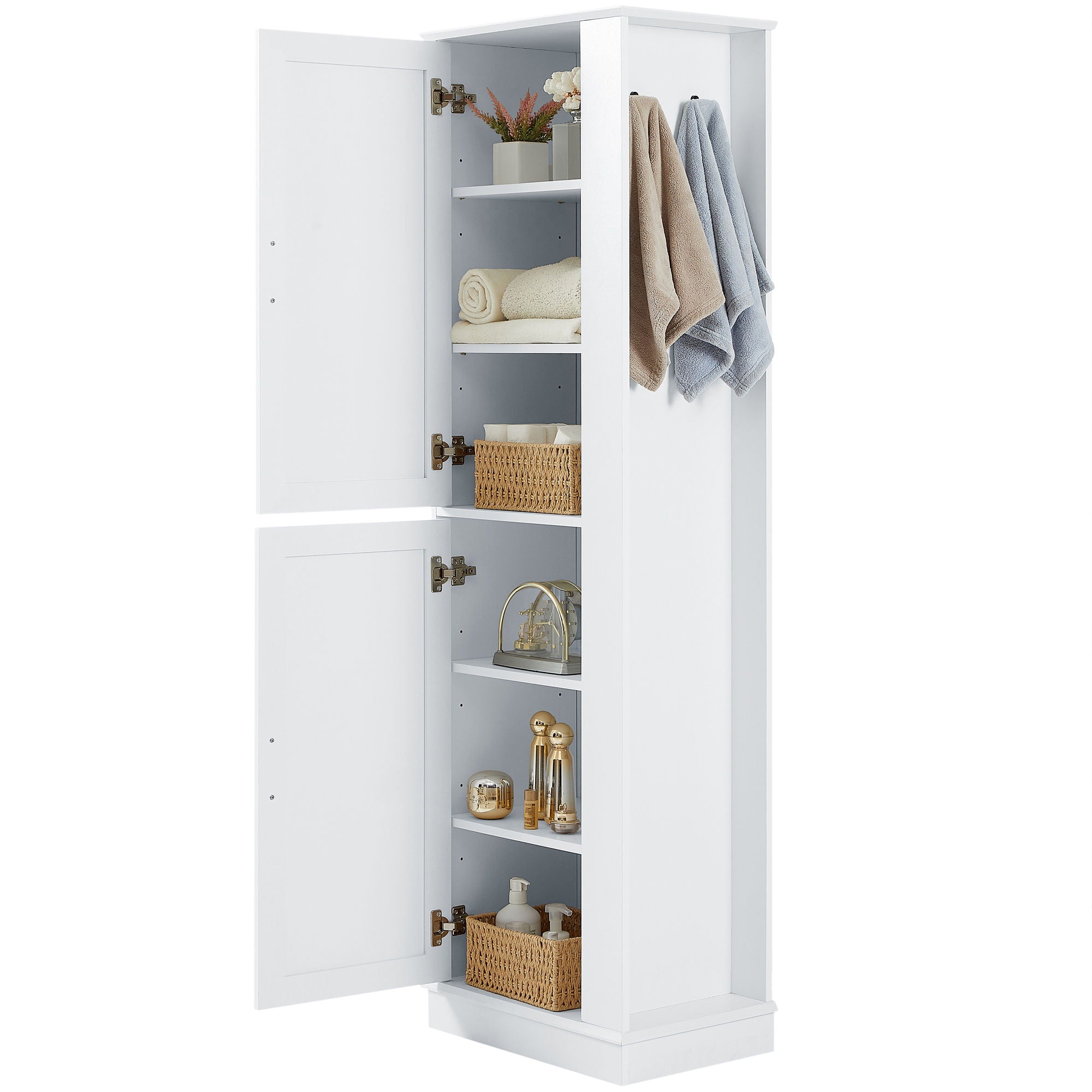Tall Freestanding Bathroom Storage Cabinet With Adjustable Shelves And Side Hooks