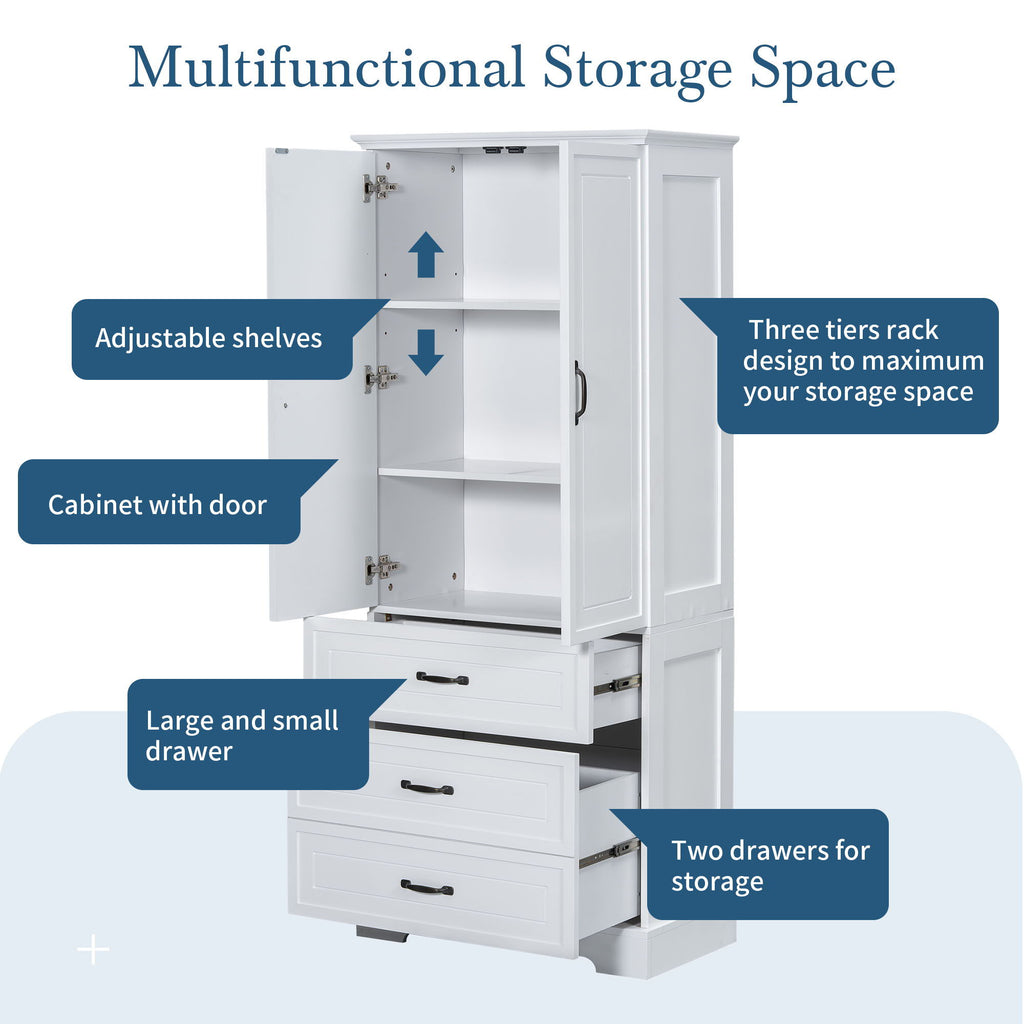 Tall Bathroom Storage Cabinet With 2 Doors And Drawers, Adjustable Shelf - White