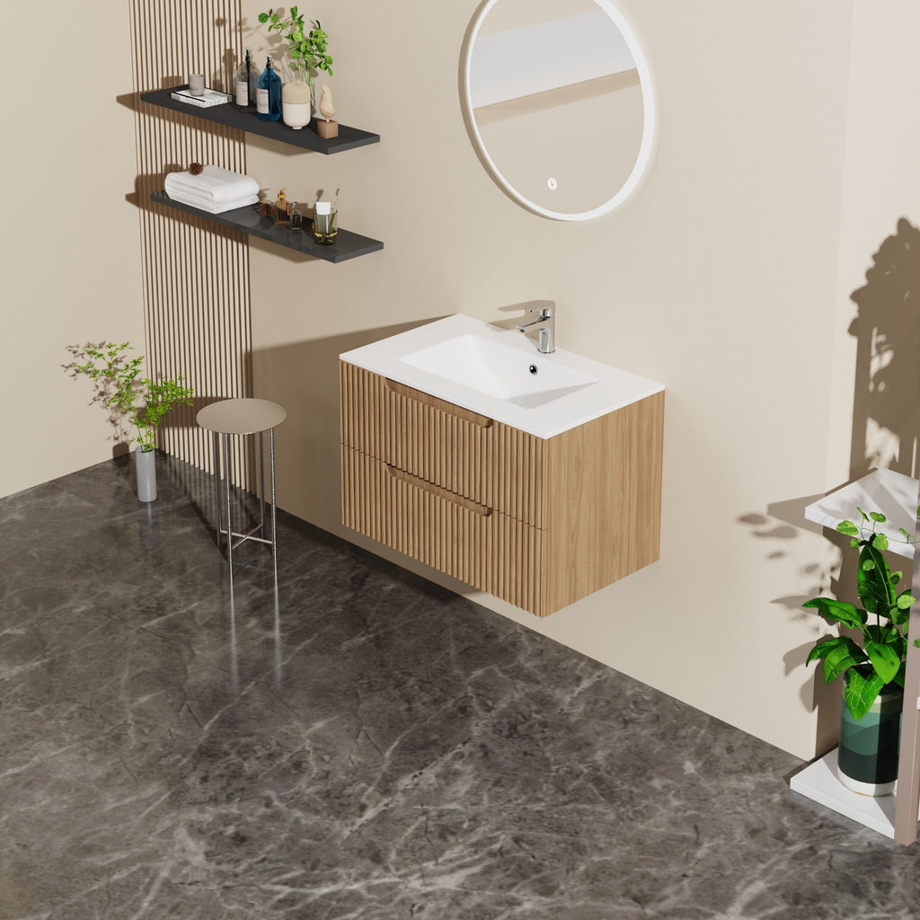 30" Wall Mounted Bathroom Vanity With Sink, Soft Close System, And Spacious Drawers - Walnut