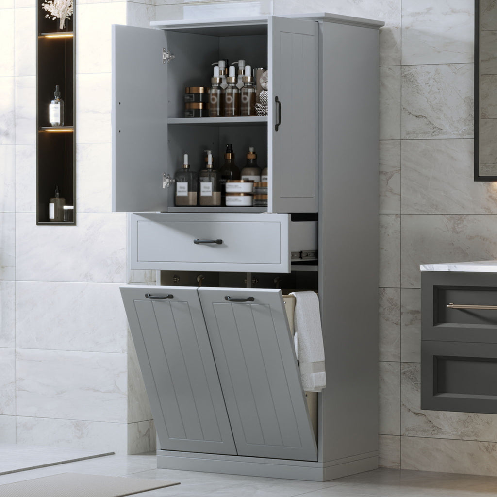 Modern Bathroom Storage Cabinet With Two Laundry Baskets, One Drawer, Adjustable Shelf
