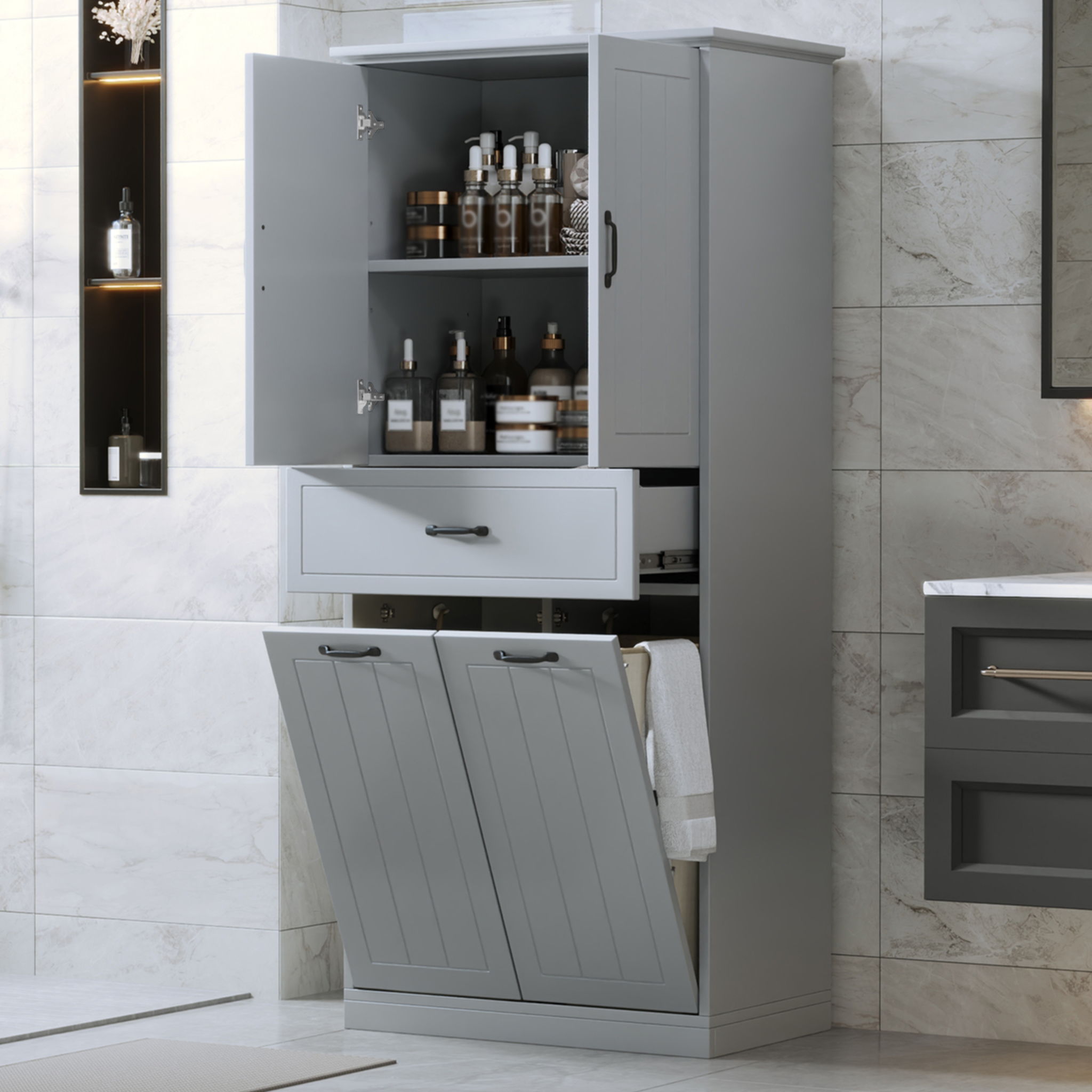 Modern Bathroom Storage Cabinet With Two Laundry Baskets, One Drawer, Adjustable Shelf