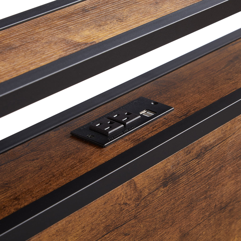 Twin Size Platform Bed Frame, LED Lights With Remote Control, USB Charging Port, Large Under Bed Storage - Black / Brown