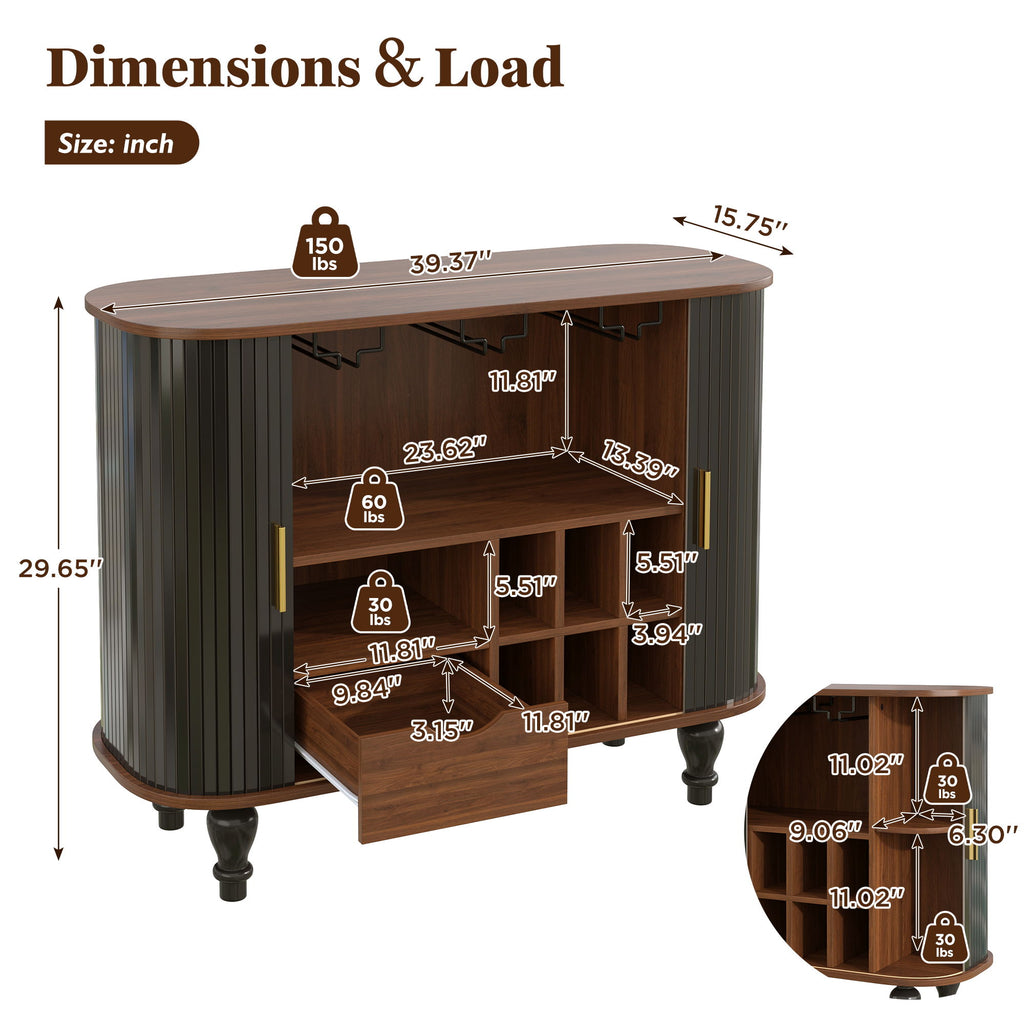 Fluted Liquor & Coffee Bar Cabinet With 6 Wine Racks And 3 Glass Holders