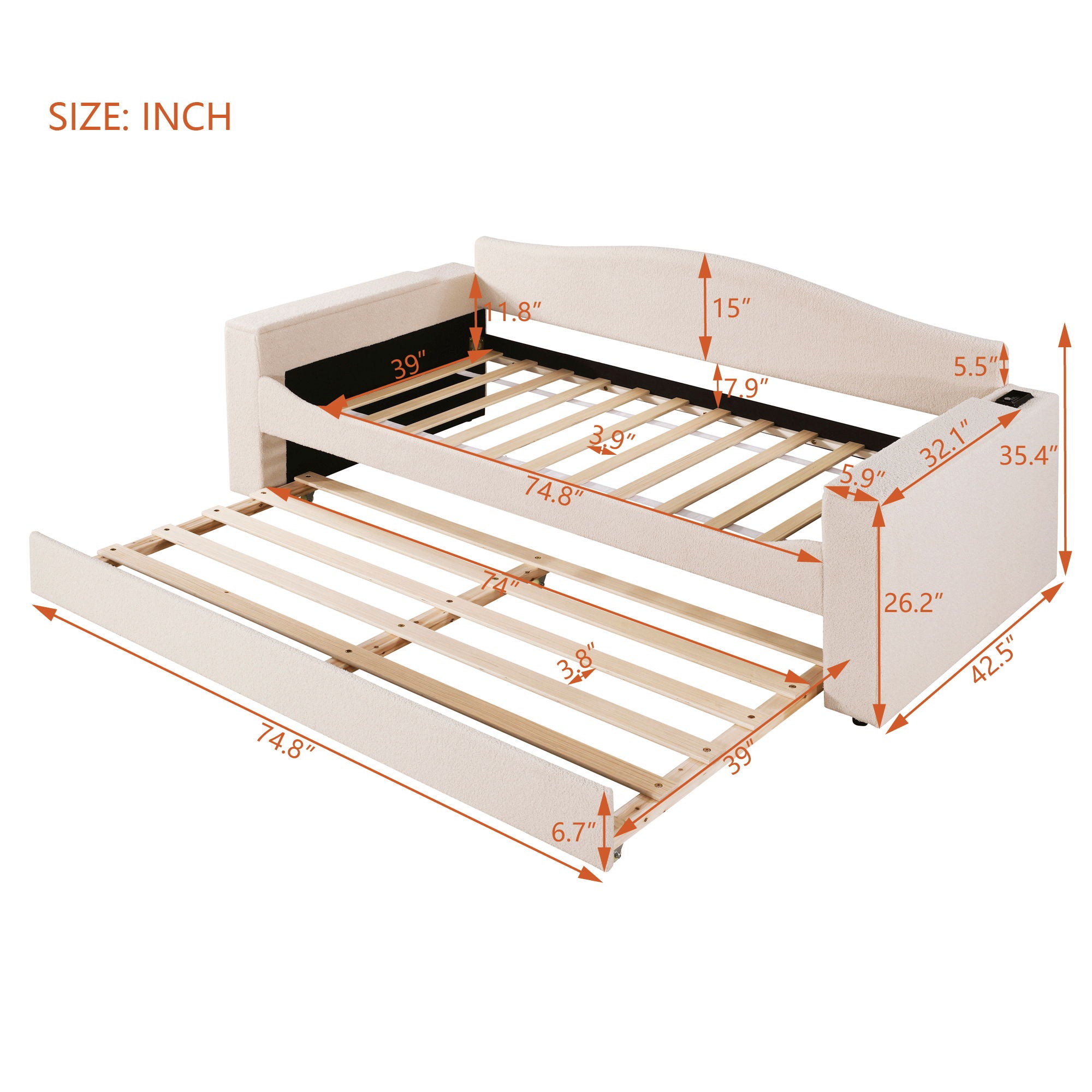 Upholstered Daybed With Storage Armrests, Trundle And Latest Integrated tooth Audio System