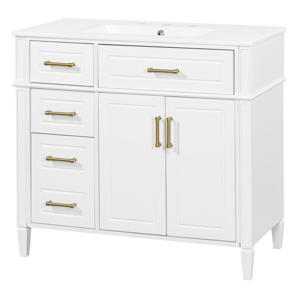 Bathroom Vanity With Sink, 4 Drawers (1 Flip Drawer), 2 Doors & Adjustable Shelf - White