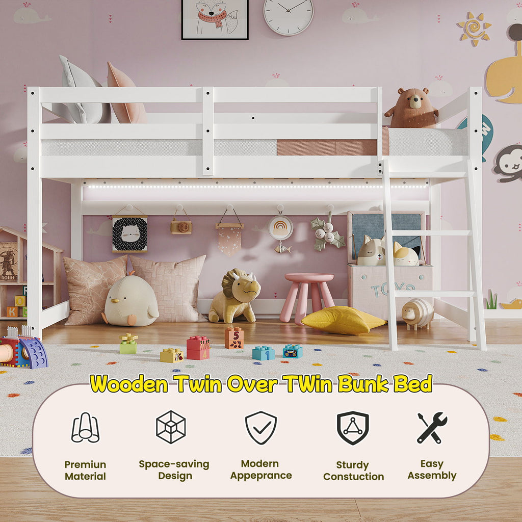 Twin Low Bunk Bed With LED Strip Lighting - White