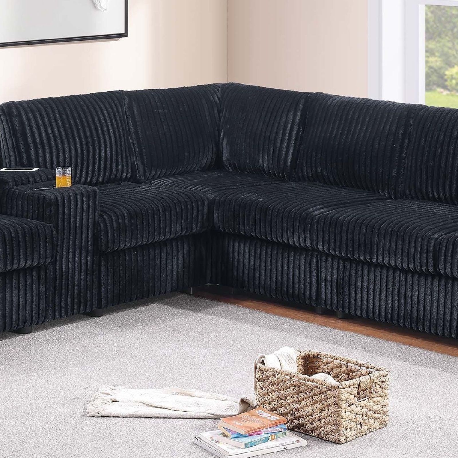 Modern Style L-Shape Sectional Set, USB Ports, Cup Holder