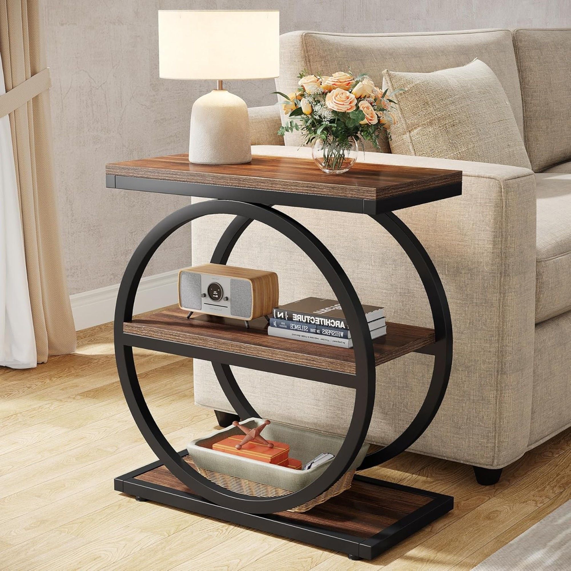Slim End Tables With 3 Shelves, Compact (Set of 2) - Brown