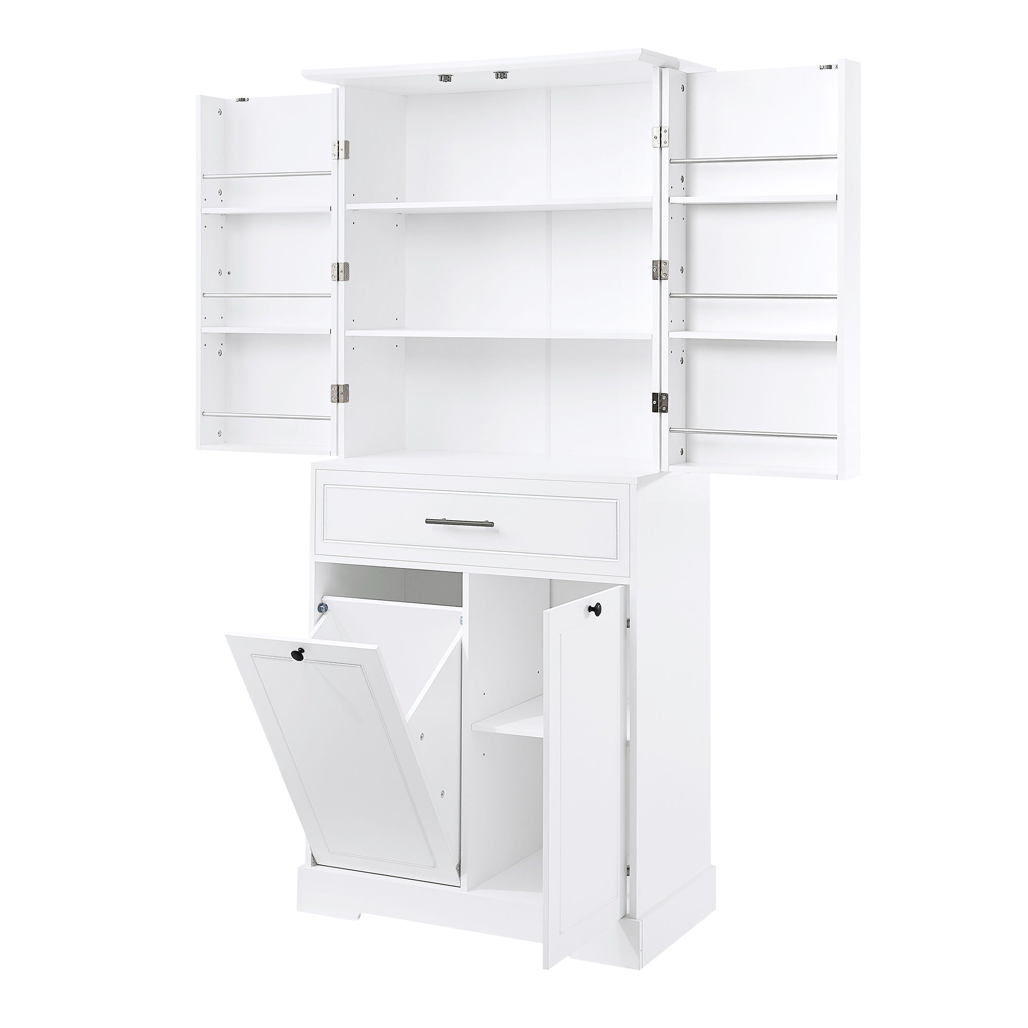 Freestanding Bathroom Storage Cabinet With Doors, Drawers, And Tilt Out Laundry Hamper - White