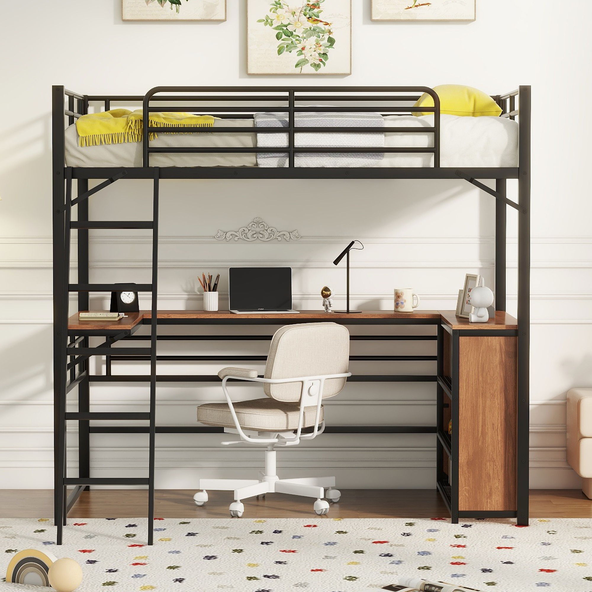 Loft Bed & 3 Layers Of Shelves And L-Shaped Desk