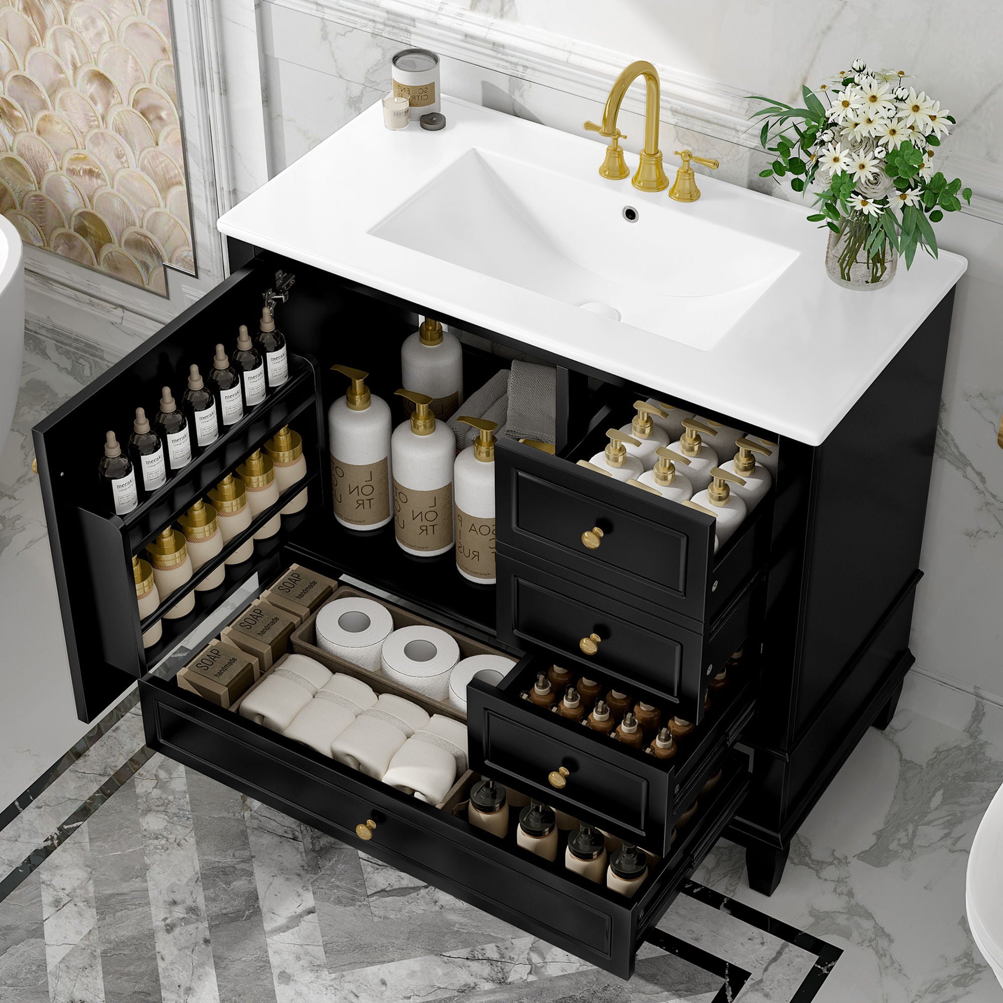 Modern Bathroom Vanity With Sink, 3 Drawers & Cabinet