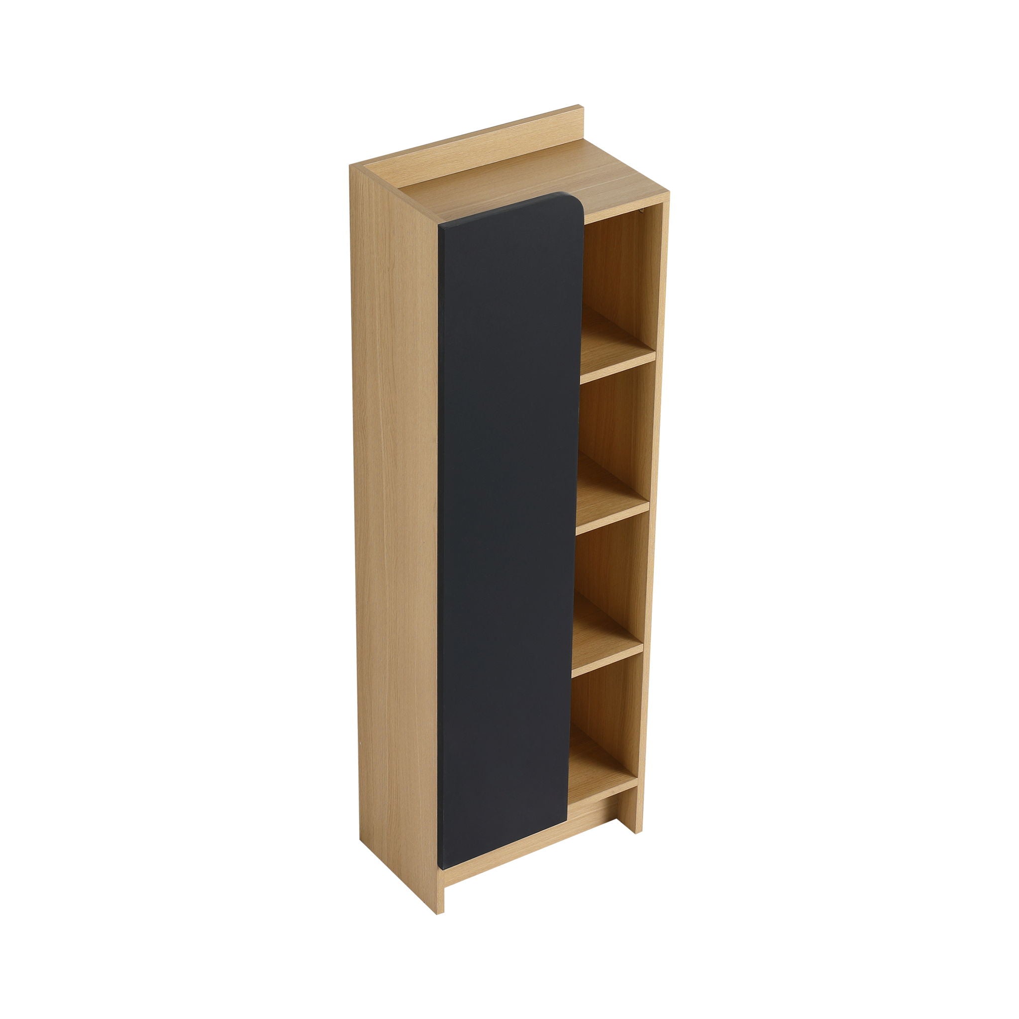 Tall Freestanding Bathroom Side Cabinet With Single Door & 4 Tier Open Shelves - Black / Light Oak / White