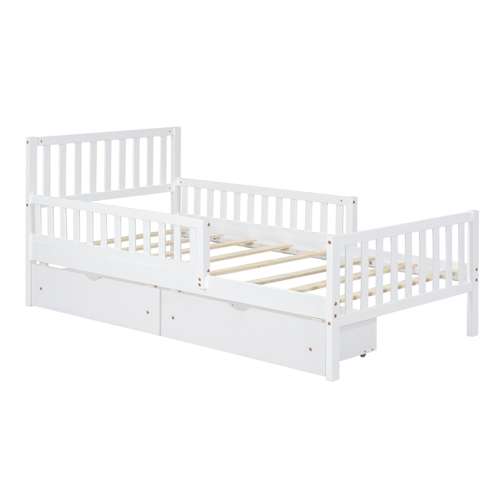 Platform Bed With Guardrails On Both Sides And 2 Storage Drawers