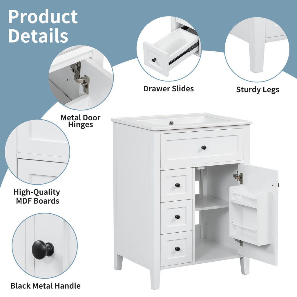 Bathroom Vanity With Sink, 3 Drawers & Cabinet With Adjustable Shelves