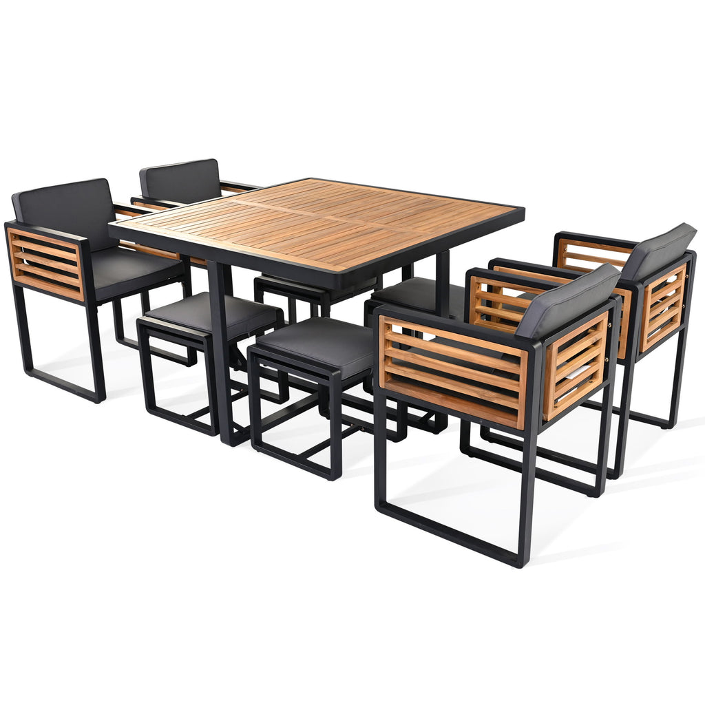 Acacia Wood Patio Dining Set, Cushioned Chairs & Ottomans Square Table