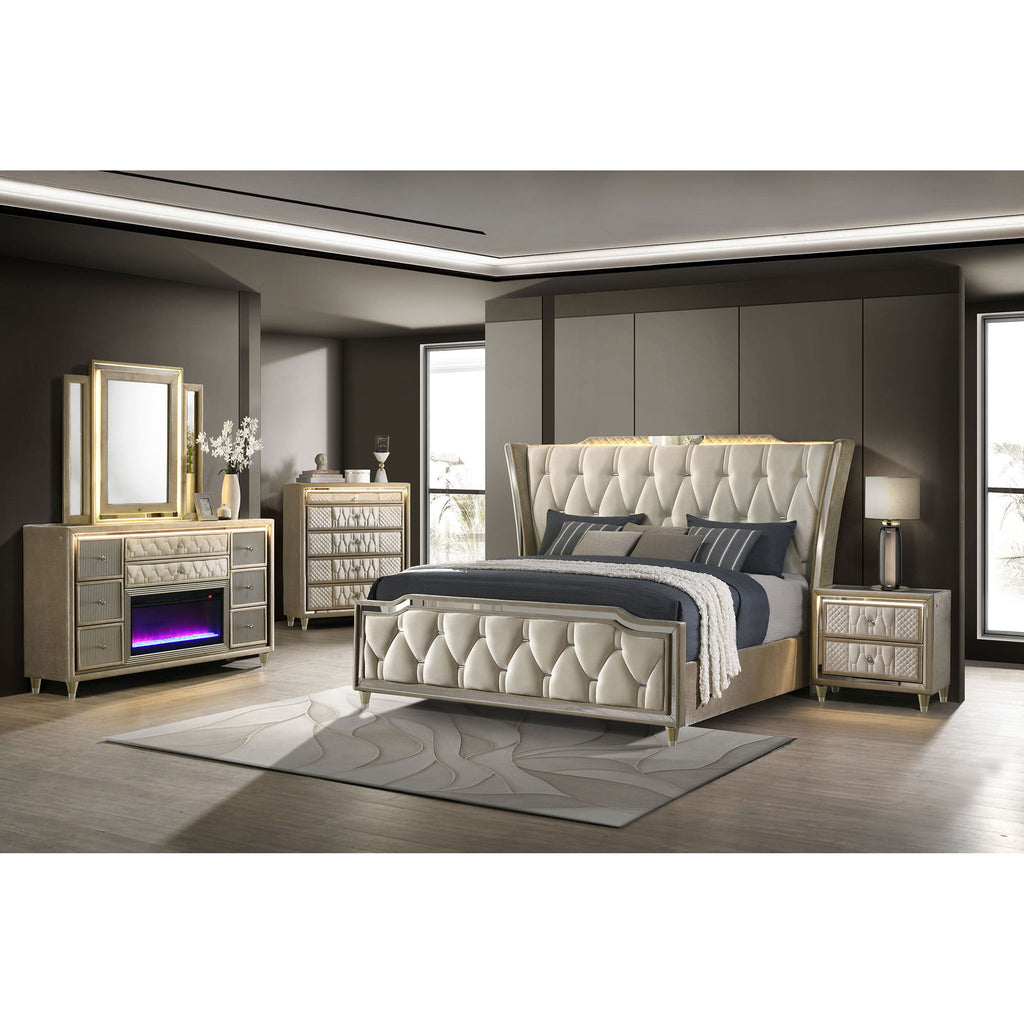 Mika - LED Upholstered Bed With Tufted Wingback Headboard And Ambient Lighting