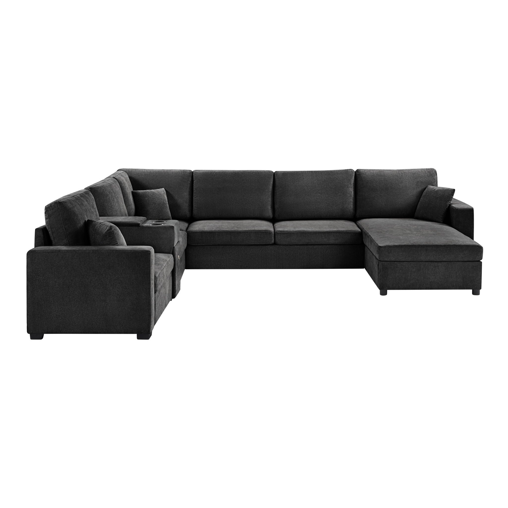Modular 5 Seat U-Shape Sectional Sofa With Chaise Lounge, Built In Cup Holders And Storage Drawer
