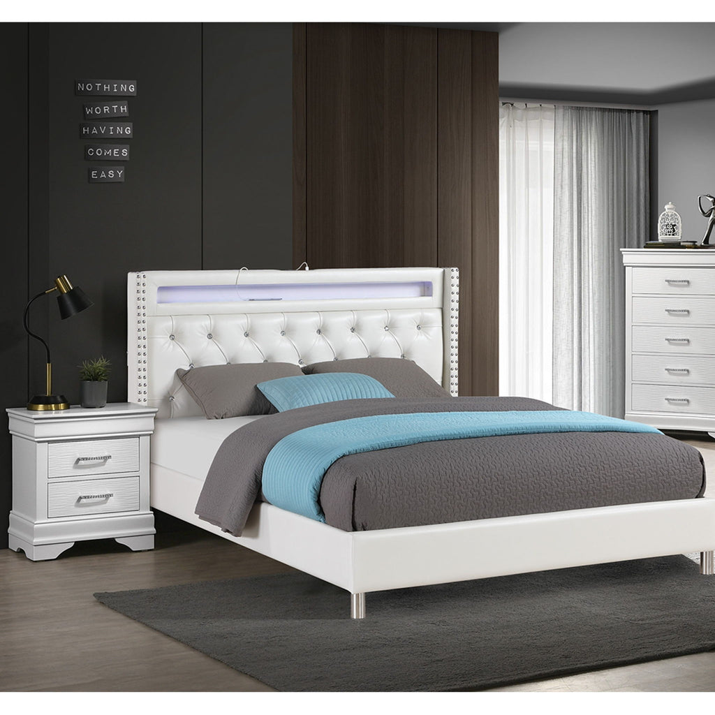 Modern Bed With LED Lights, Charging Port, Tufted Headboard