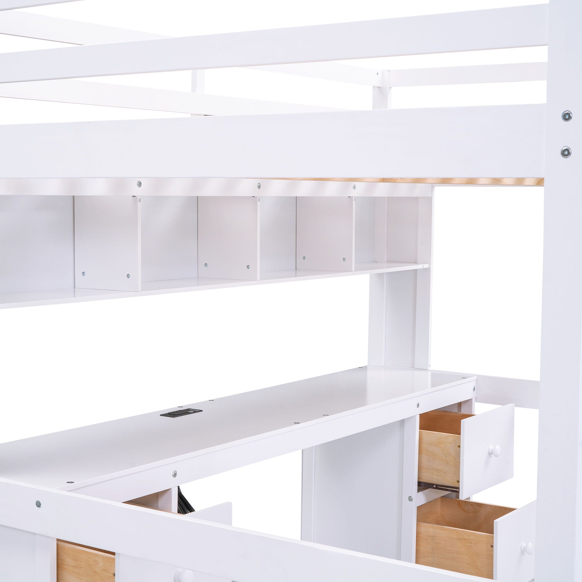 Full Size Loft Bed With Desk, Cabinets, Drawers, Charging Station And Bedside Tray, Sturdy Frame, No Box Spring Required - White