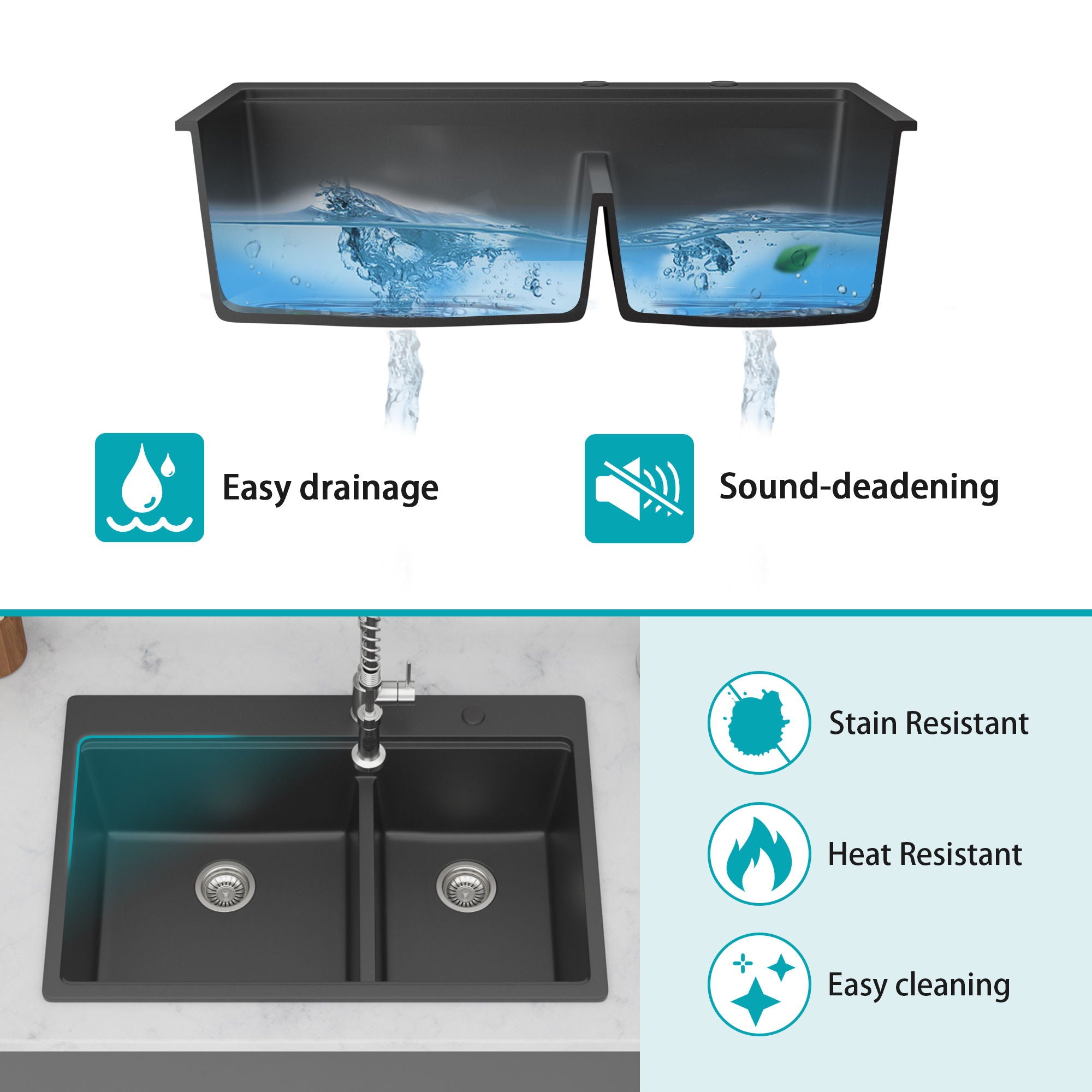 Quartz Kitchen Sink, Double Bowl Undermount Workstation