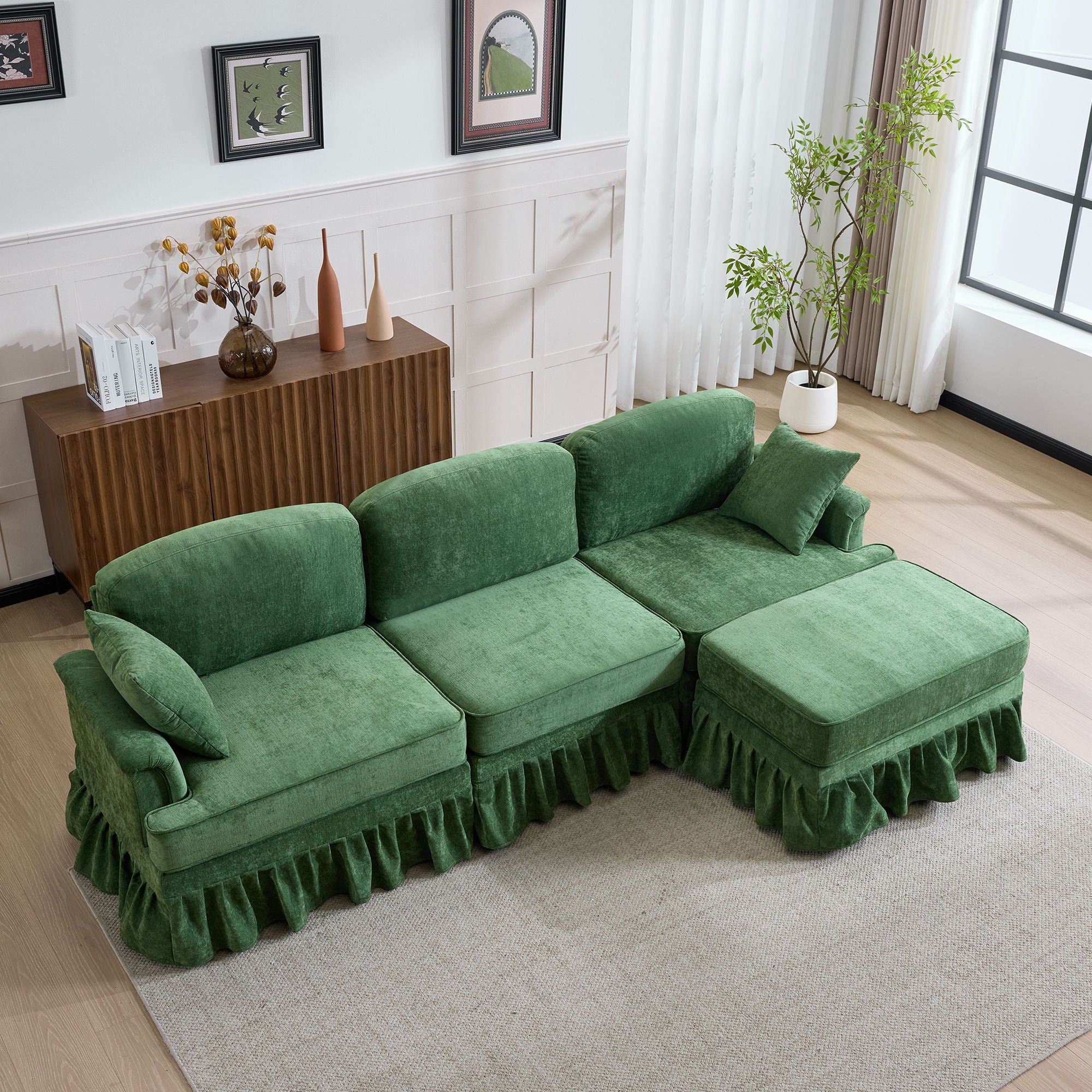 Cloud Sofa With Removable Ruffled Skirt With Ottoman And Flared Arms