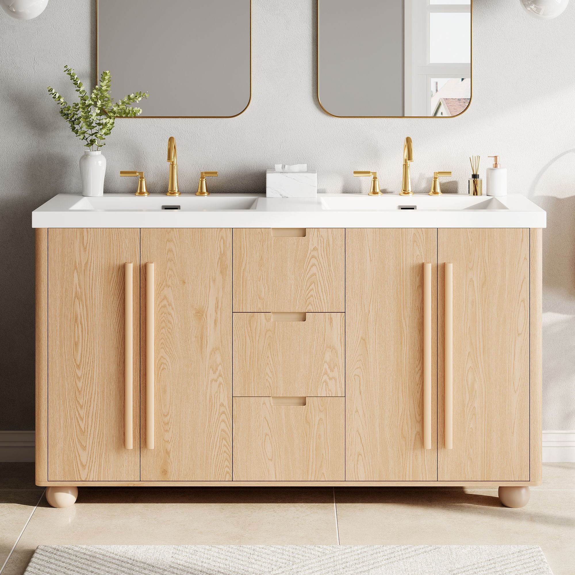 Double Sink Bathroom Vanity With Sinks, Soft Close Doors & 3 Drawers - Wood