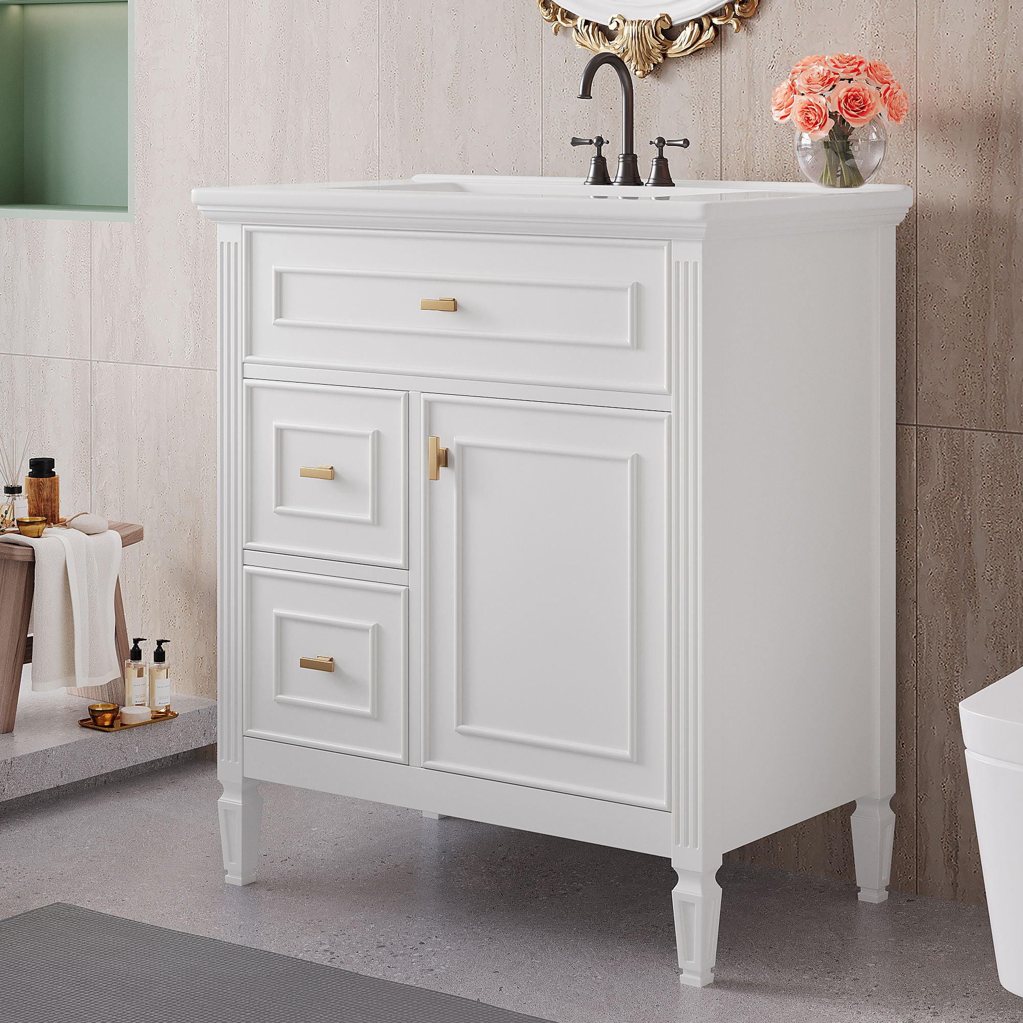 Modern Bathroom Vanity With Sink, 1 Flip Drawer And 2 Drawers, Adjustable Shelf