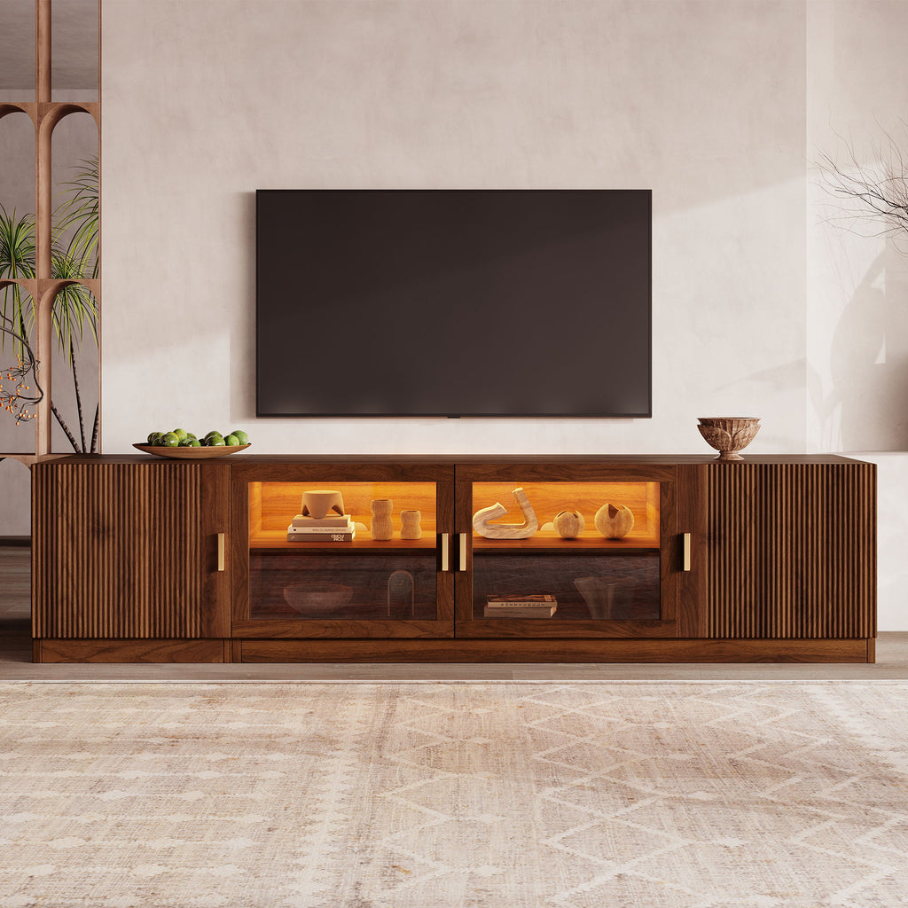 TV Stand, Media Console With Glass Doors And LED Lights, Adjustable Shelf Storage - Walnut