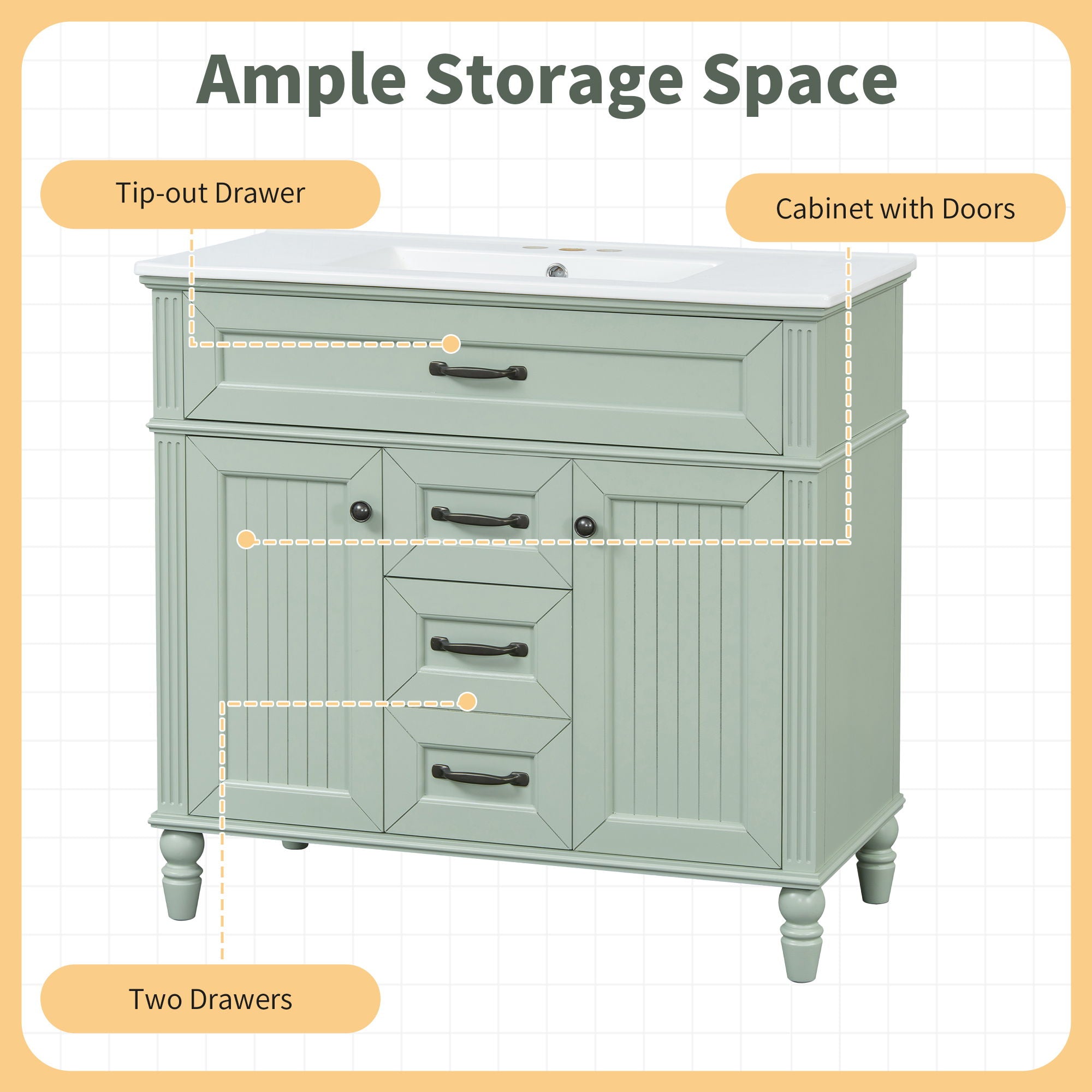Bathroom Vanity With Sink, Flip-Out Top Drawer, Soft Close Doors, 2 Storage Drawers