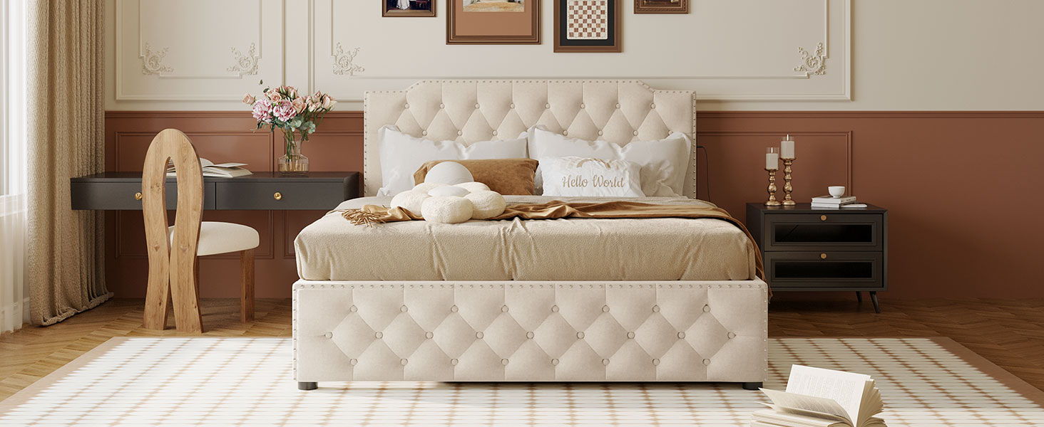 Upholstered Platform Bed With Trundle And 2 Sets Of USB Ports On Each Side, Fabric