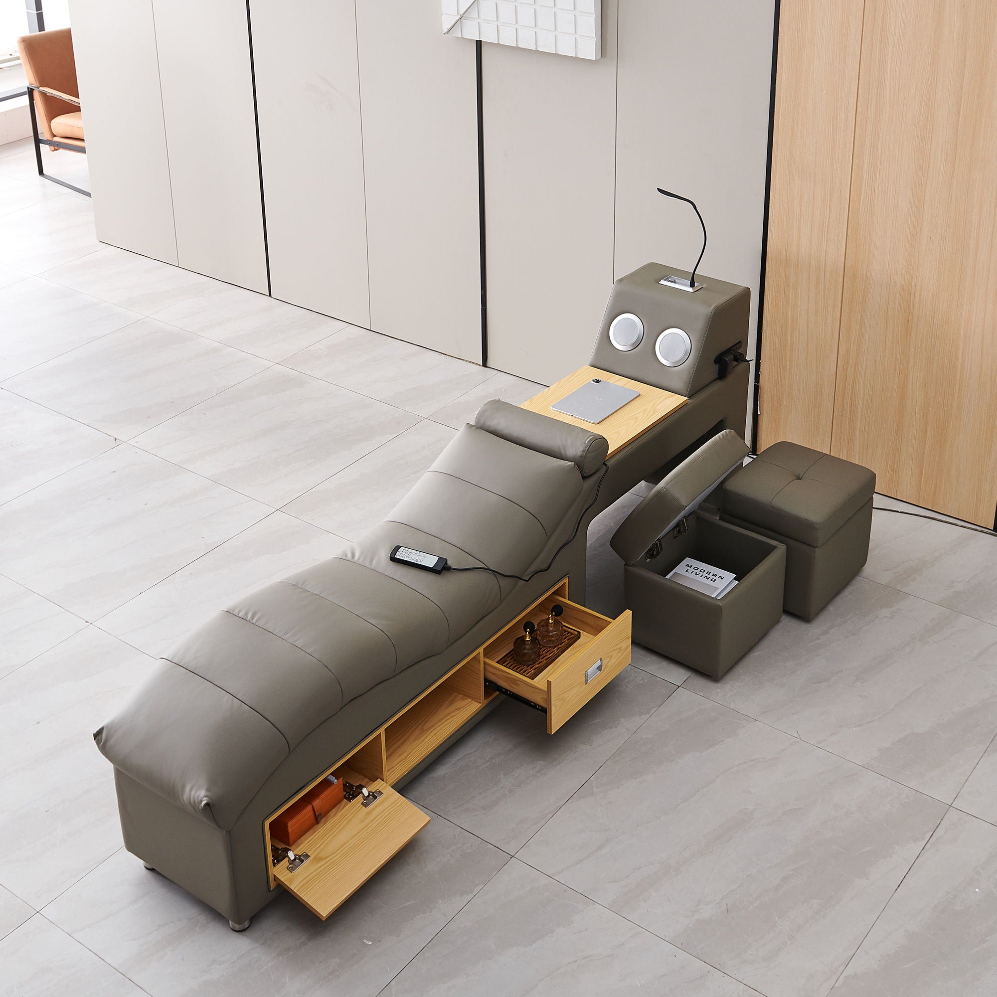 Multifunctional Upholstered Storage Bed Frame, Massage Chaise Lounge On Left