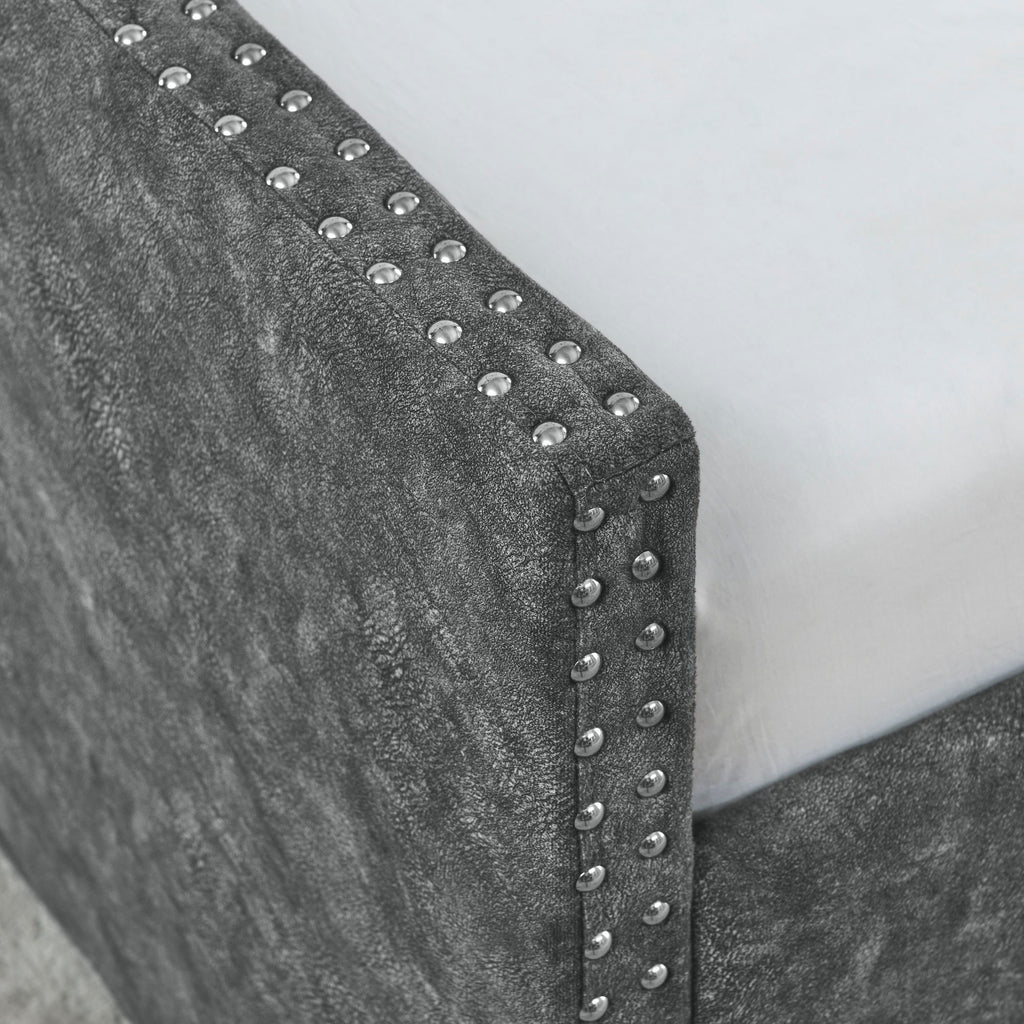 Queen Size Upholstered Daybed With Tufted Back And Nail Trimmed Waved Arms - Gray