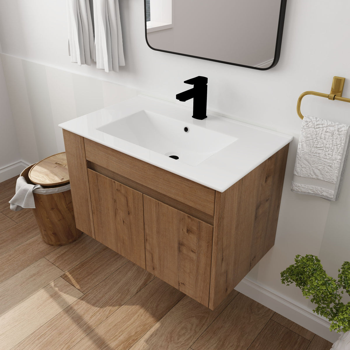 Wall Mounted Bathroom Vanity With Basin And Adjustable Open Shelf