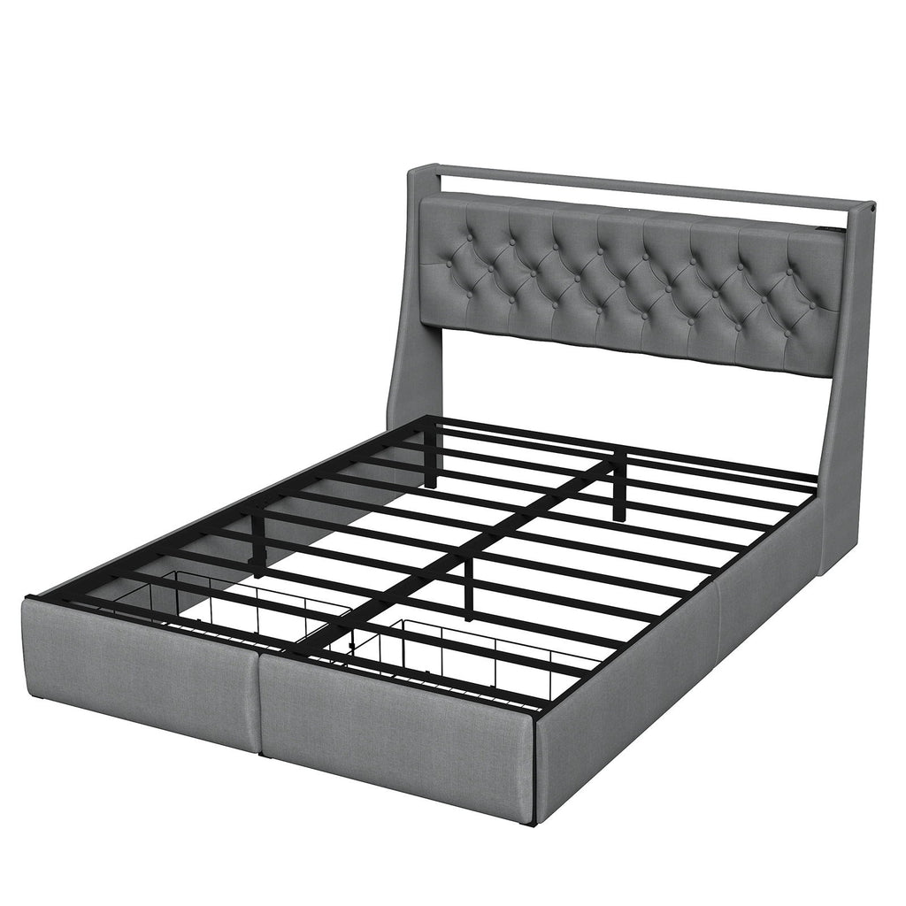 Floating Bed Frame With Rgb LED Light, 2 Storage Drawers & Headboard Shelf