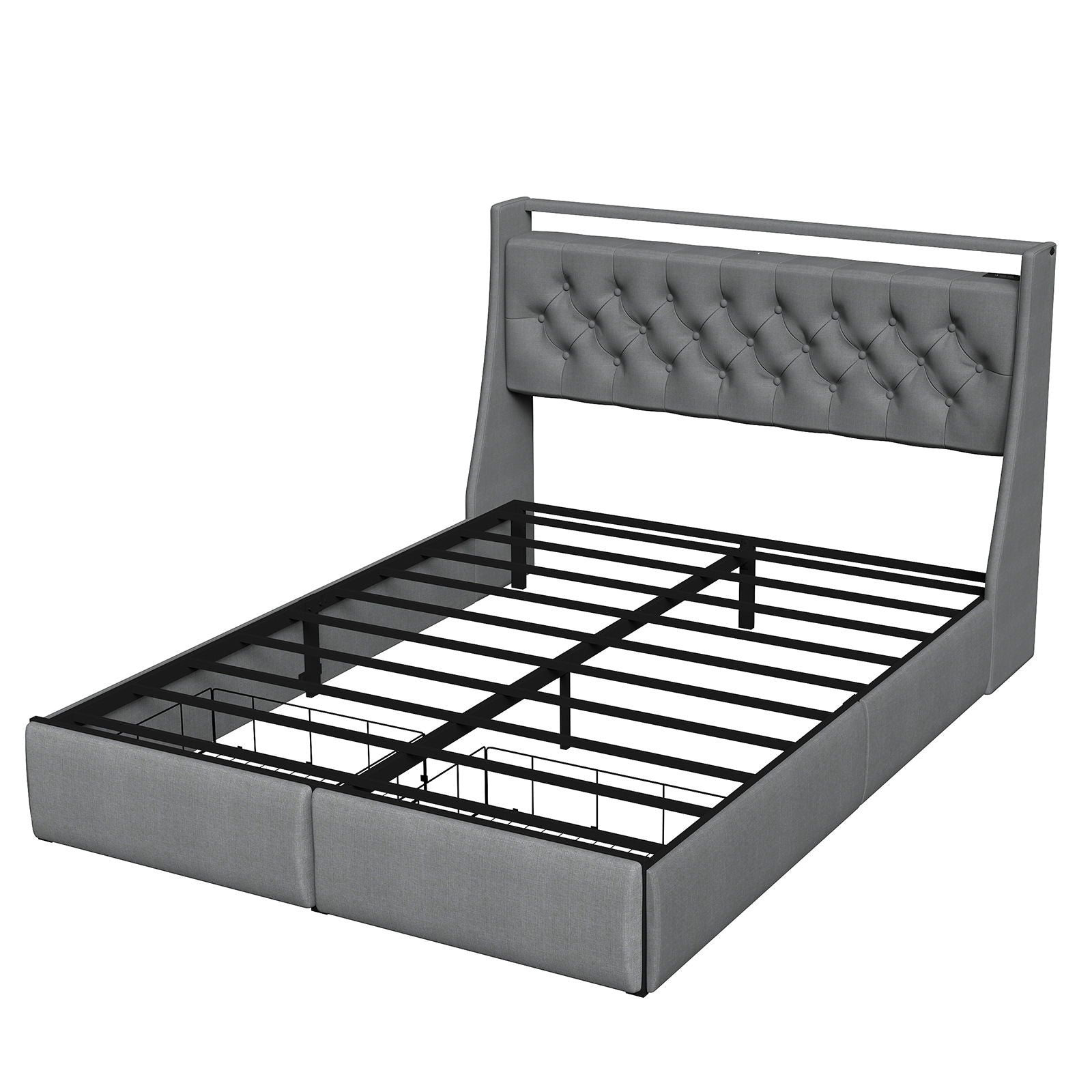 Floating Bed Frame With Rgb LED Light, 2 Storage Drawers & Headboard Shelf