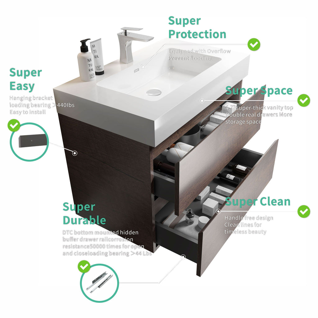 Alice - Bathroom Vanity Wall Mounted With Sink, Large Storage
