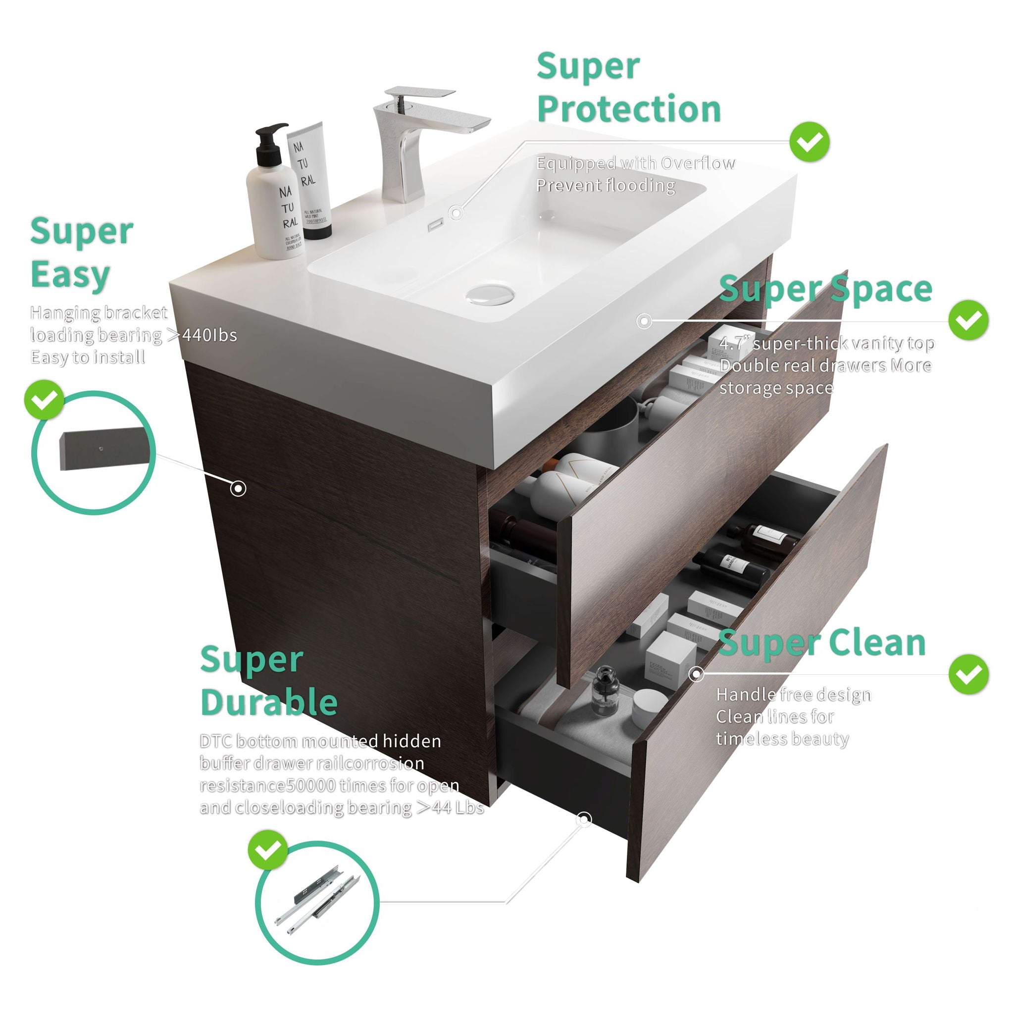 Alice - Bathroom Vanity Wall Mounted With Sink, Large Storage