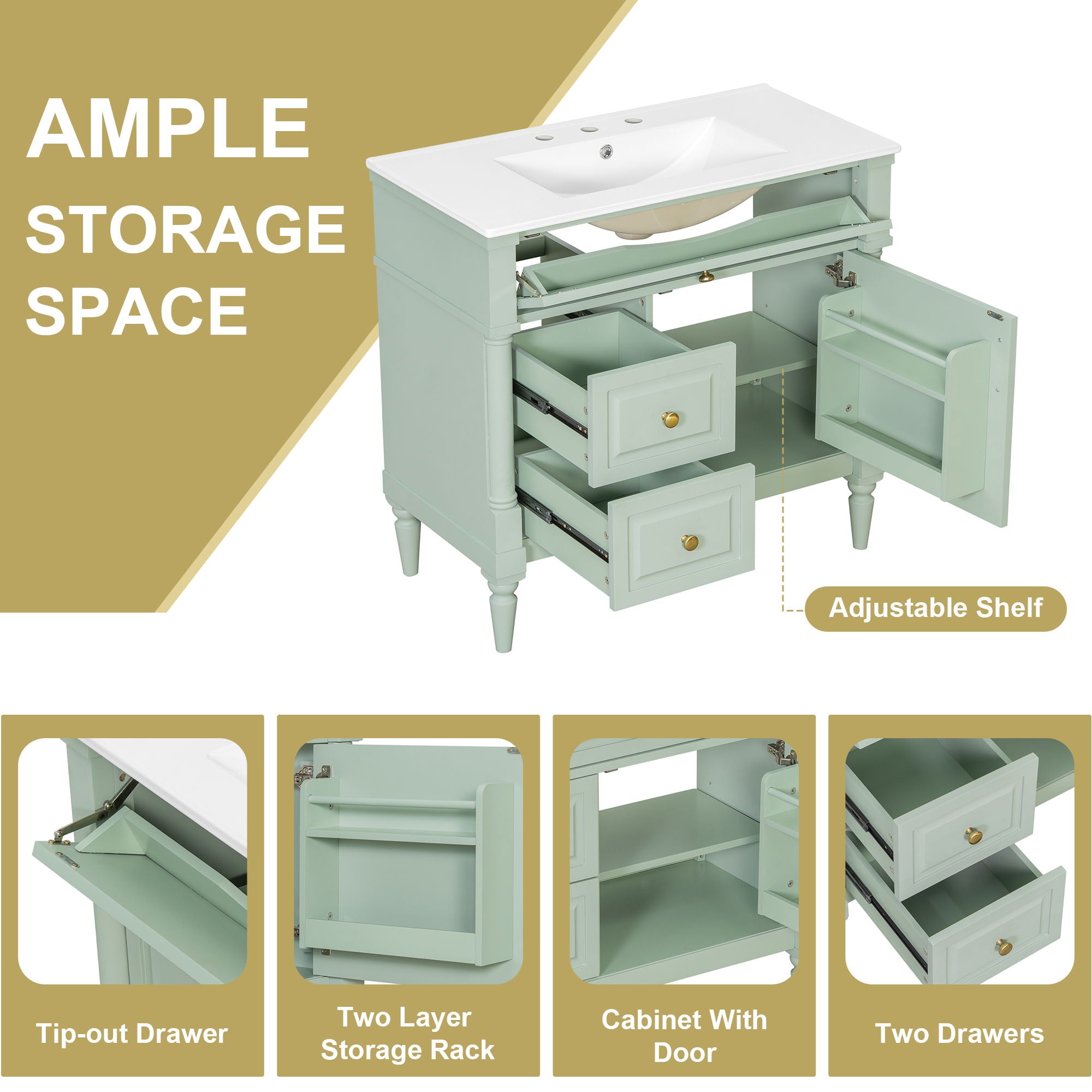 Freestanding Bathroom Vanity With Sink, Adjustable Shelf, Flip Drawer