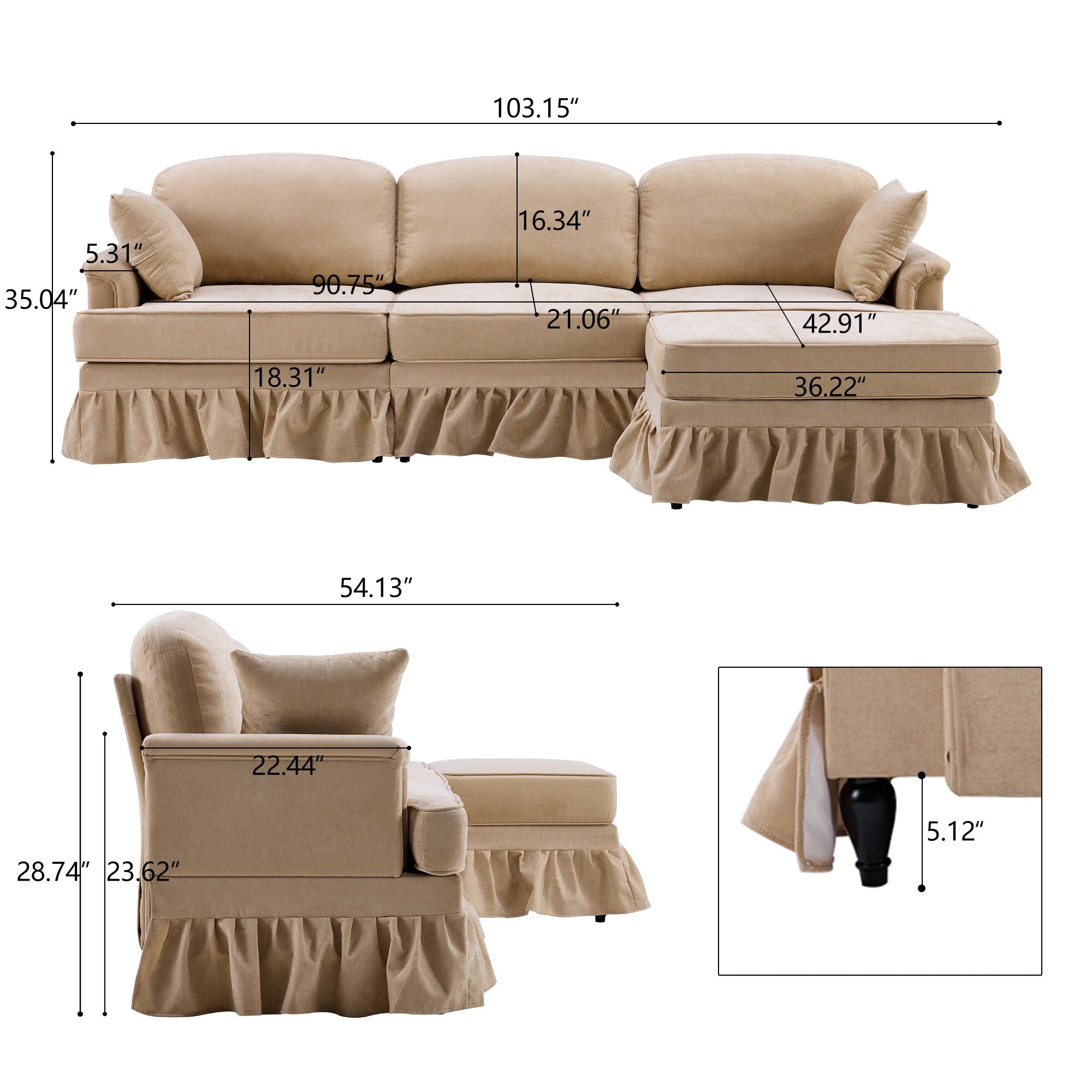 Cloud Sofa With Removable Ruffled Skirt With Ottoman And Flared Arms