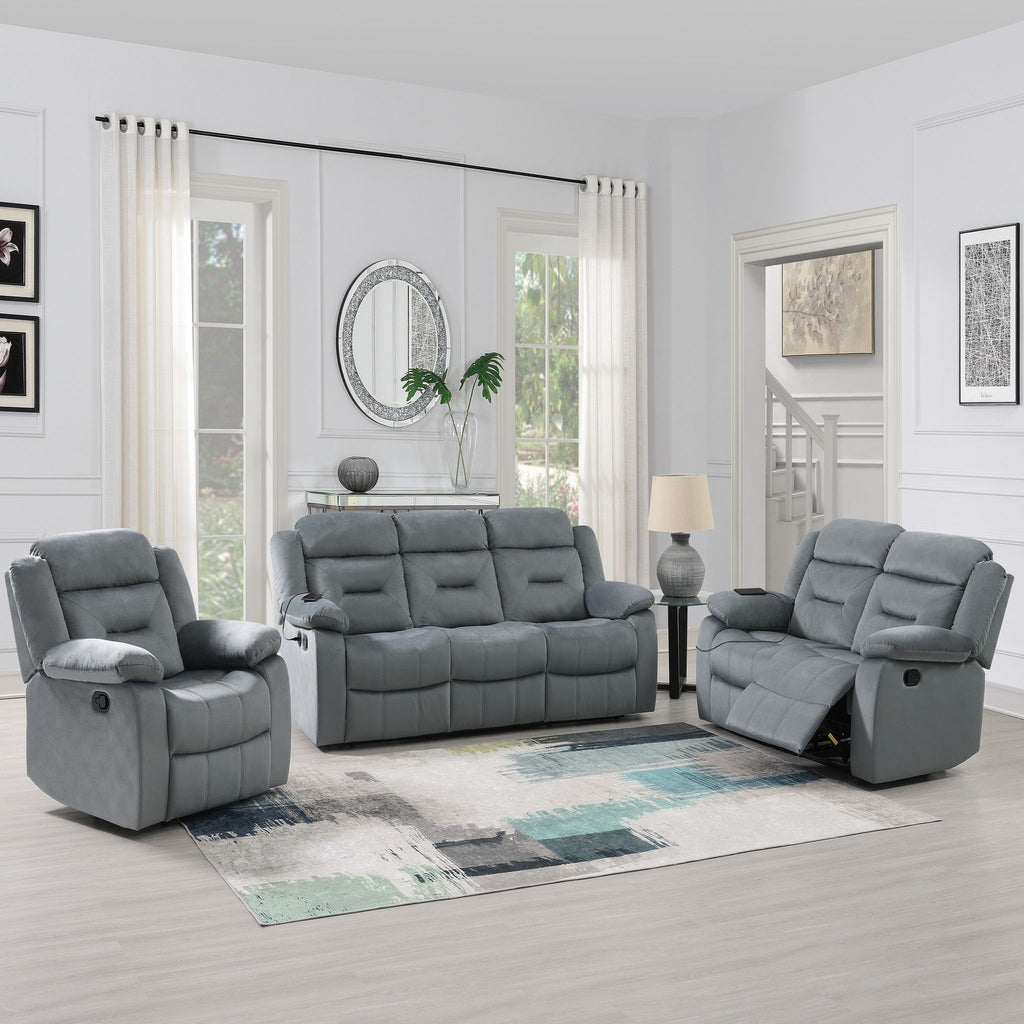 Modern Recliner Sofa With Pillow Arms, Plush Backrest, Horizontal Tufting, USB Charging Port