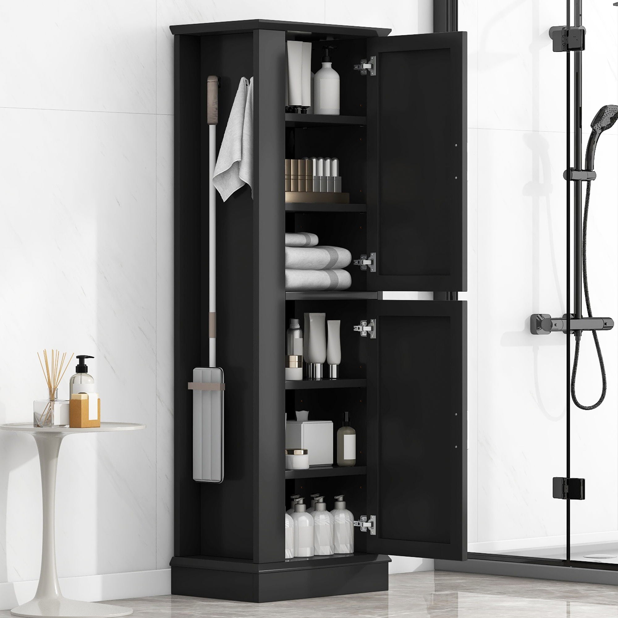 Tall Freestanding Bathroom Storage Cabinet With Adjustable Shelves And Side Hooks