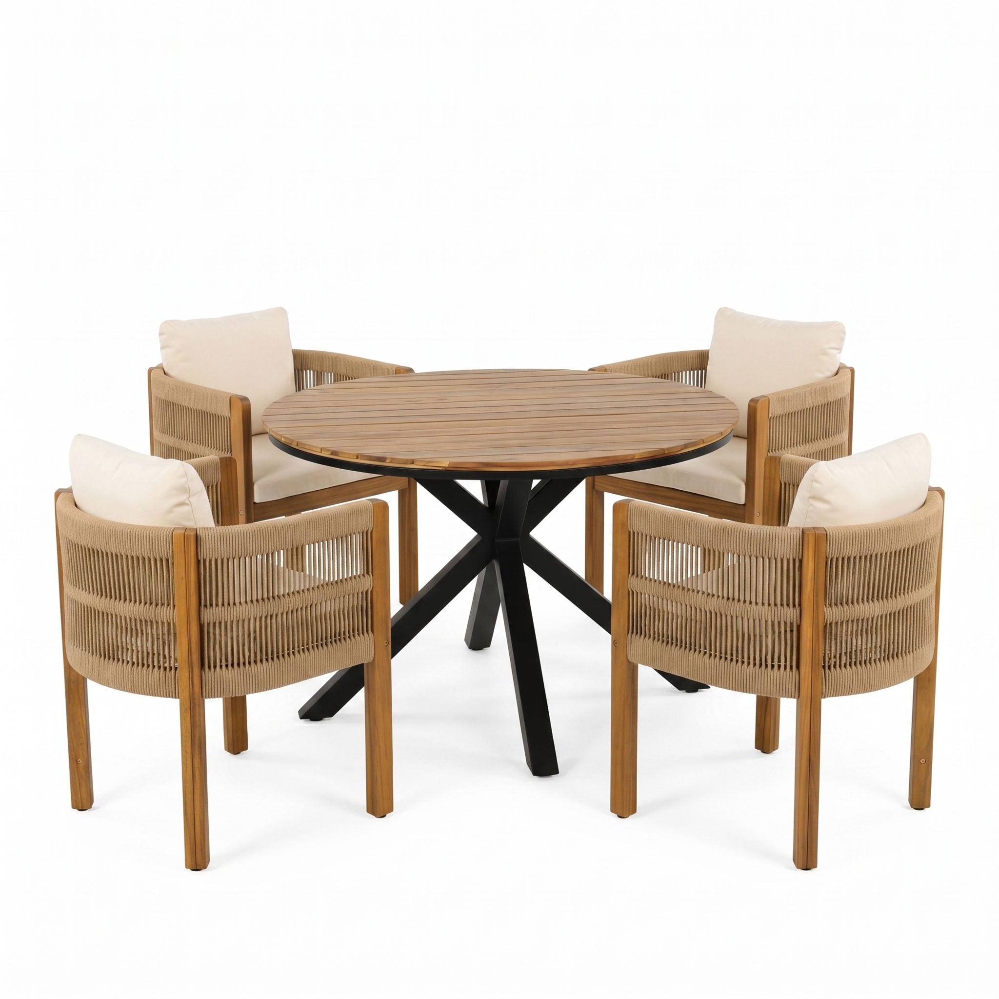 5 Piece Outdoor Dining Set With Round Table And 4 Wrapped Chairs - Black / Brown / Teak