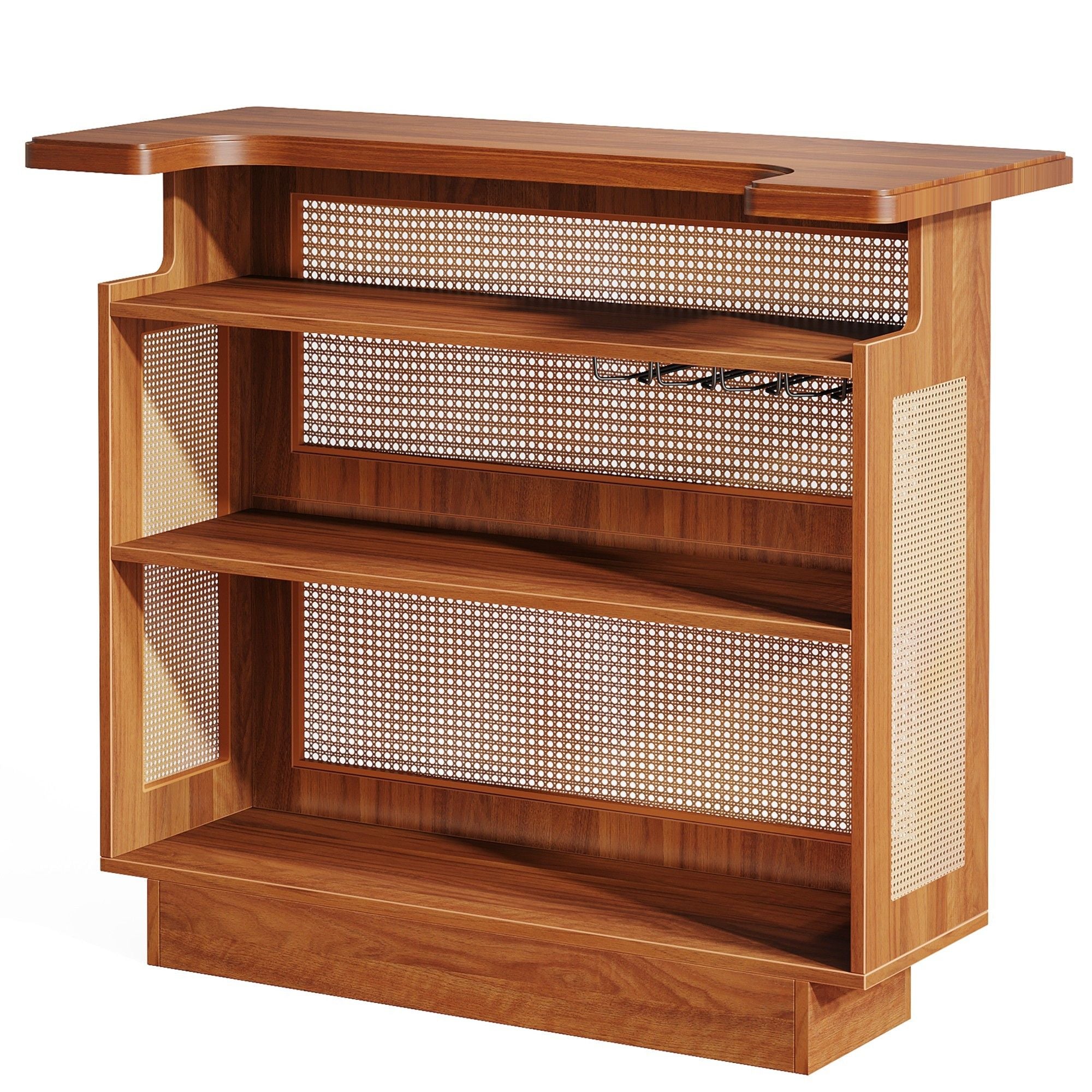 Home Bar Unit With 4 Tier Storage And Stemware Racks For Living Room - Brown