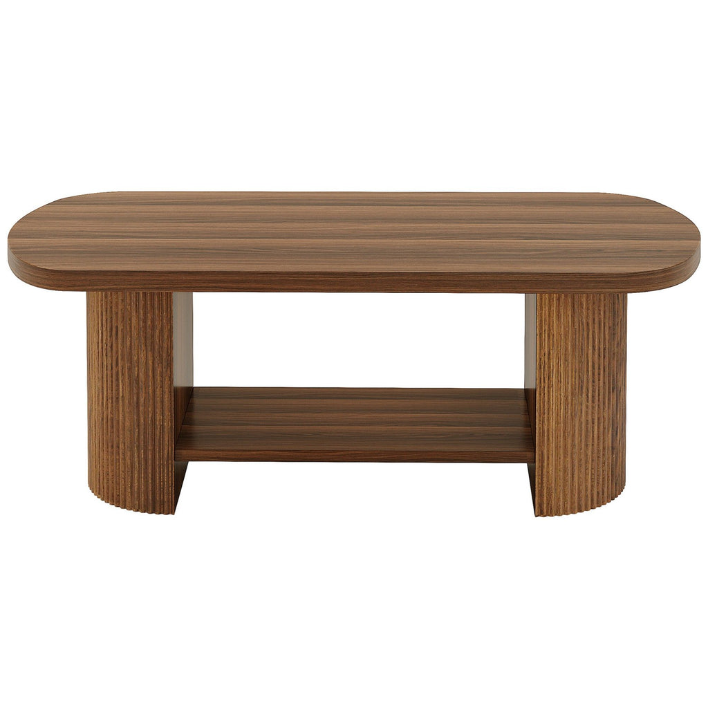 2 Tier Oval Coffee Table With Storage Shelf For Living Room - Rustic Brown