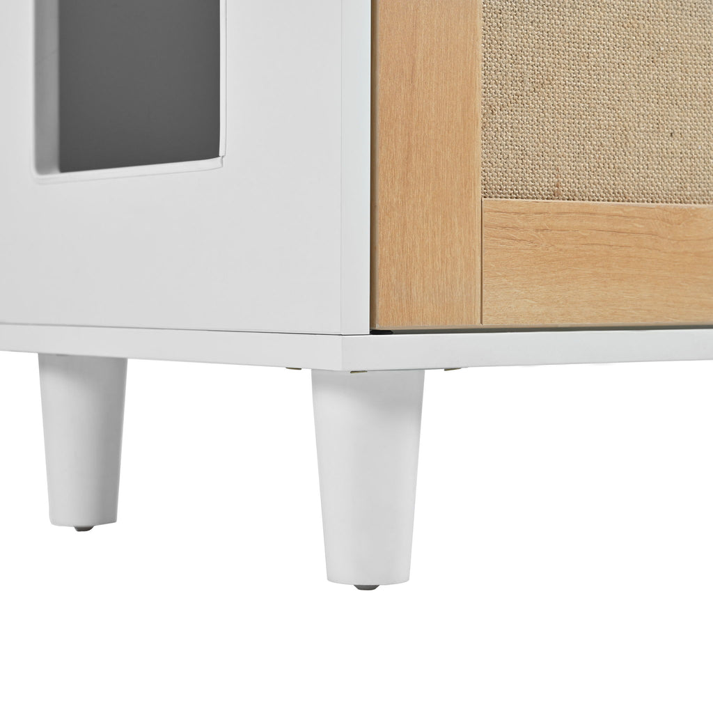 Pet Friendly Furniture Style Cat Litter Box House With Sisal Scratching Door And Charging Socket - Beige / White