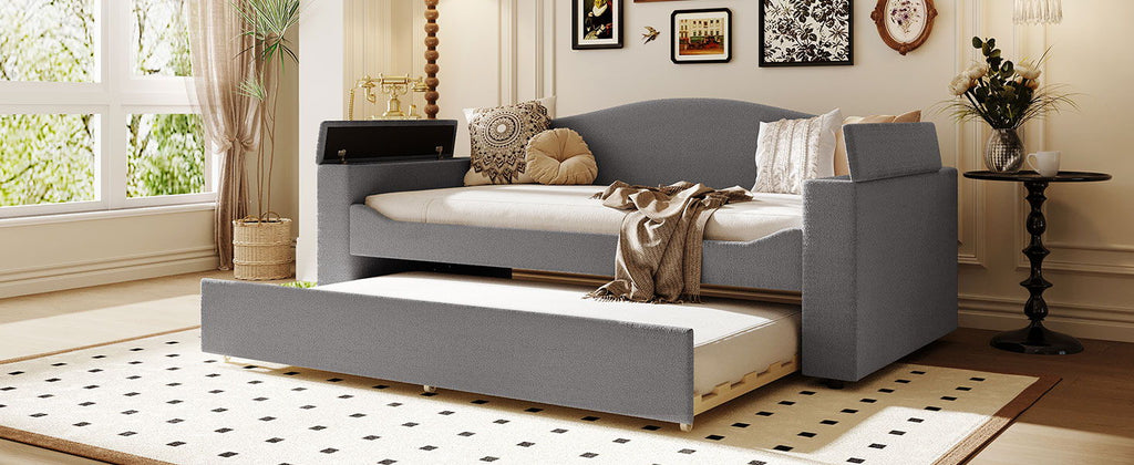 Upholstered Daybed With Storage Armrests, Trundle And Latest Integrated tooth Audio System