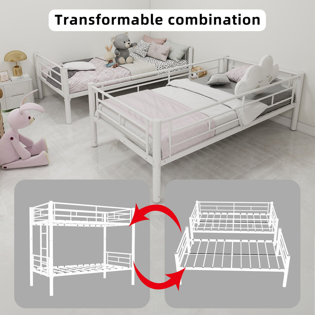 Metal Bunk Bed For Kids, Convertible Bedframe With Ladders & Guardrail