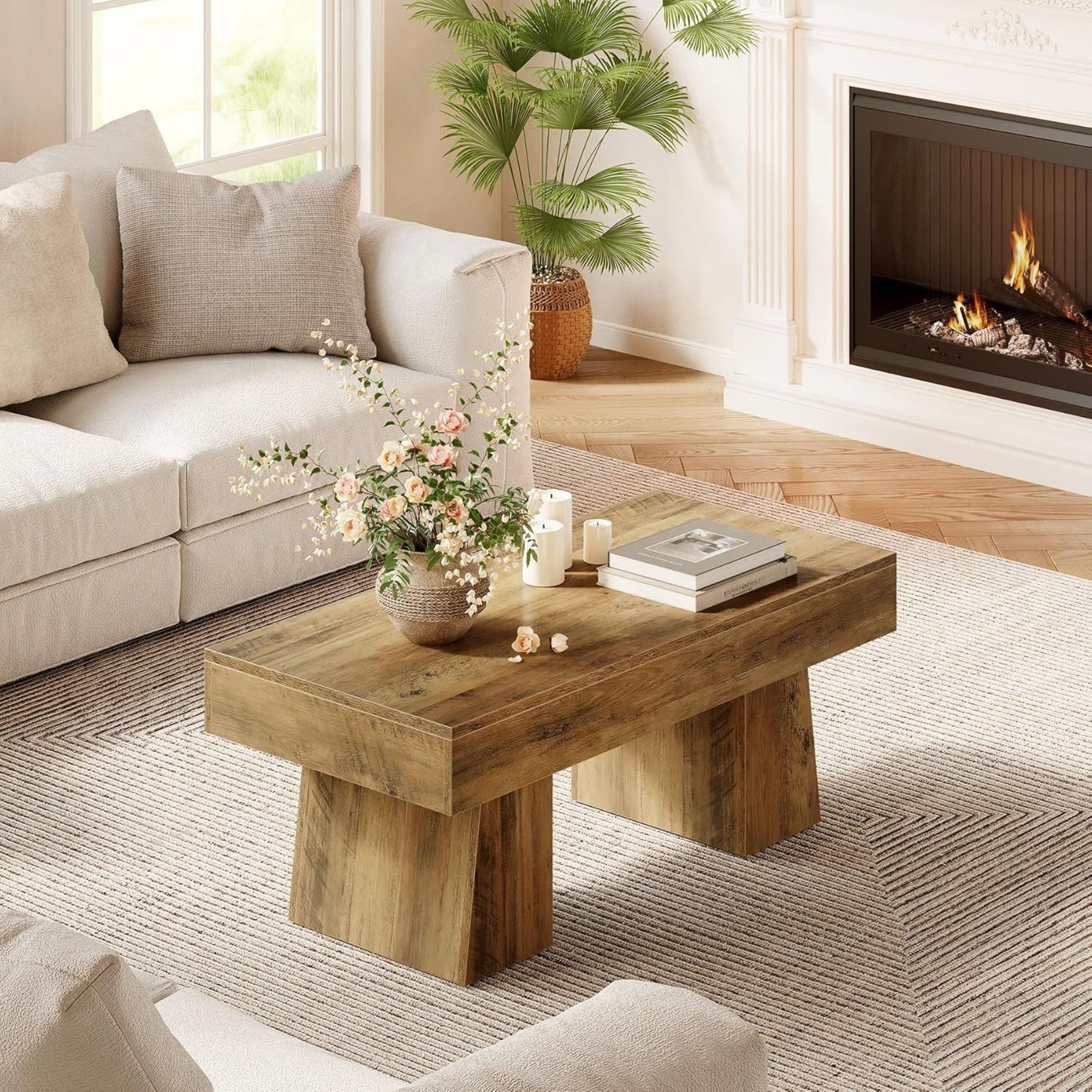 Rectangular Accent Coffee Table With Thick Base, Low Cocktail Tea Furniture For Living Room - Rustic Brown