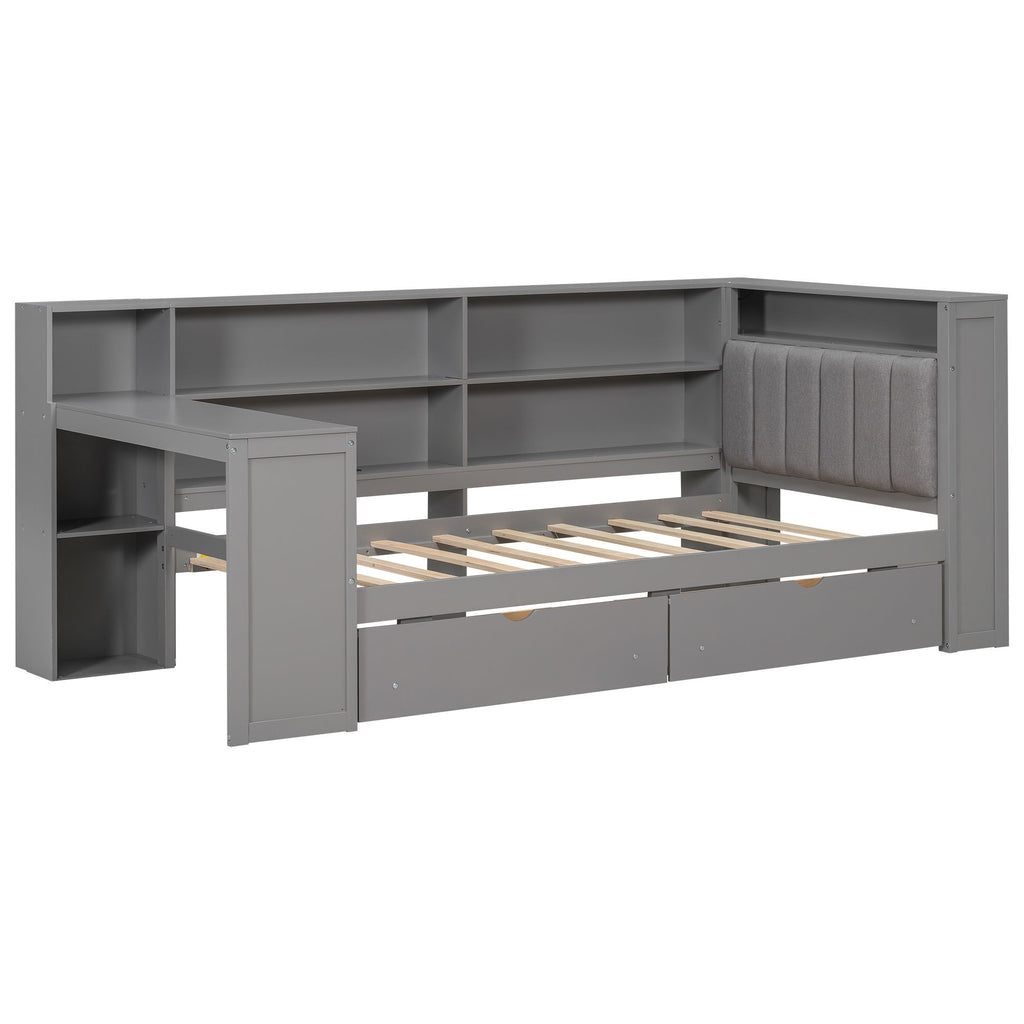 Platform Bed With Upholstered Headboard, Storage Shelves, Drawers, Charging Station, LED Lighting, Built In Desk